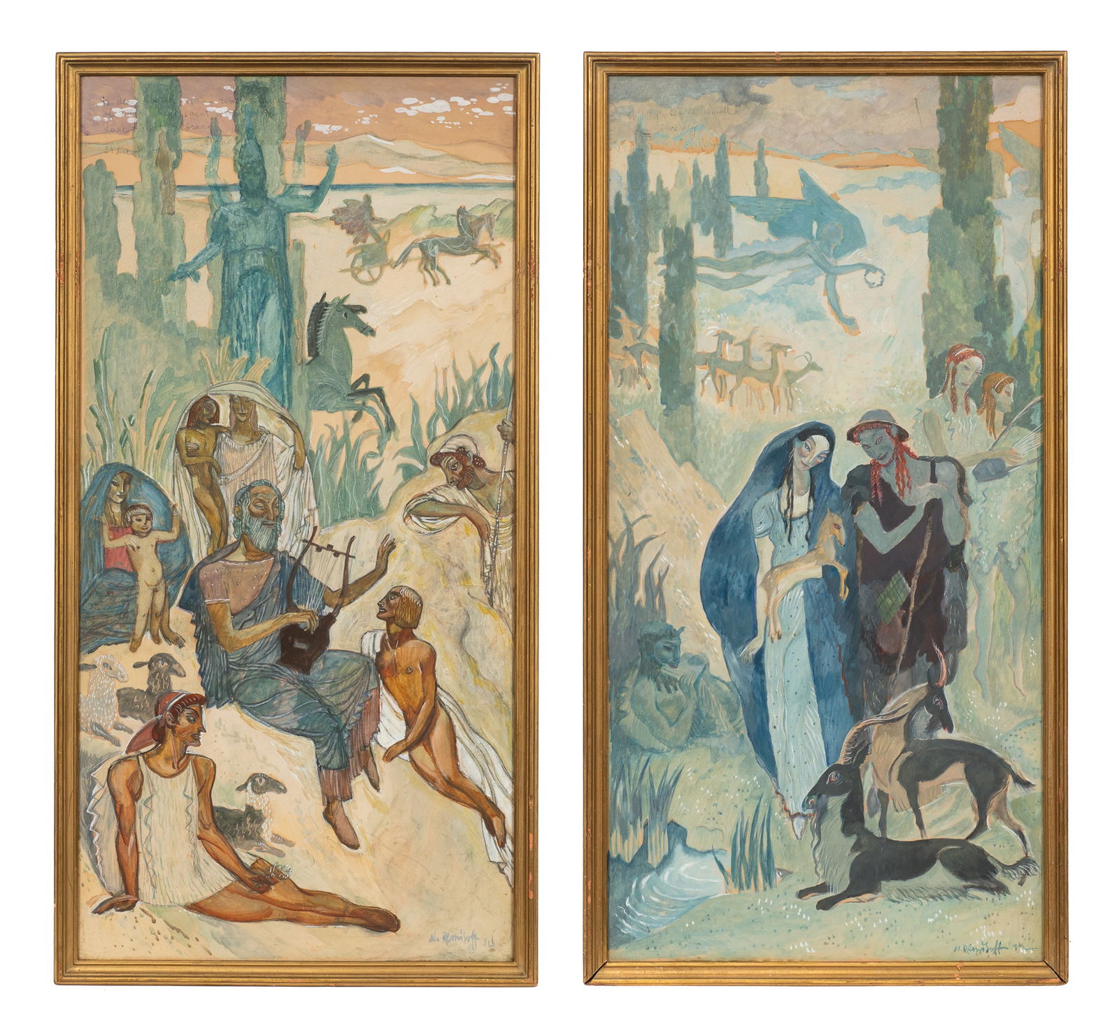 Lot of Two Mural Sketches by Nikolai Remisoff.: This lot contains two Greco-Roman gouache and watercolor paintings by Nikolai Vladimirovich Remisoff (Remisov) (Russian, 1887-1975). Both are signed and dated from 1932 in their lower right corners. T