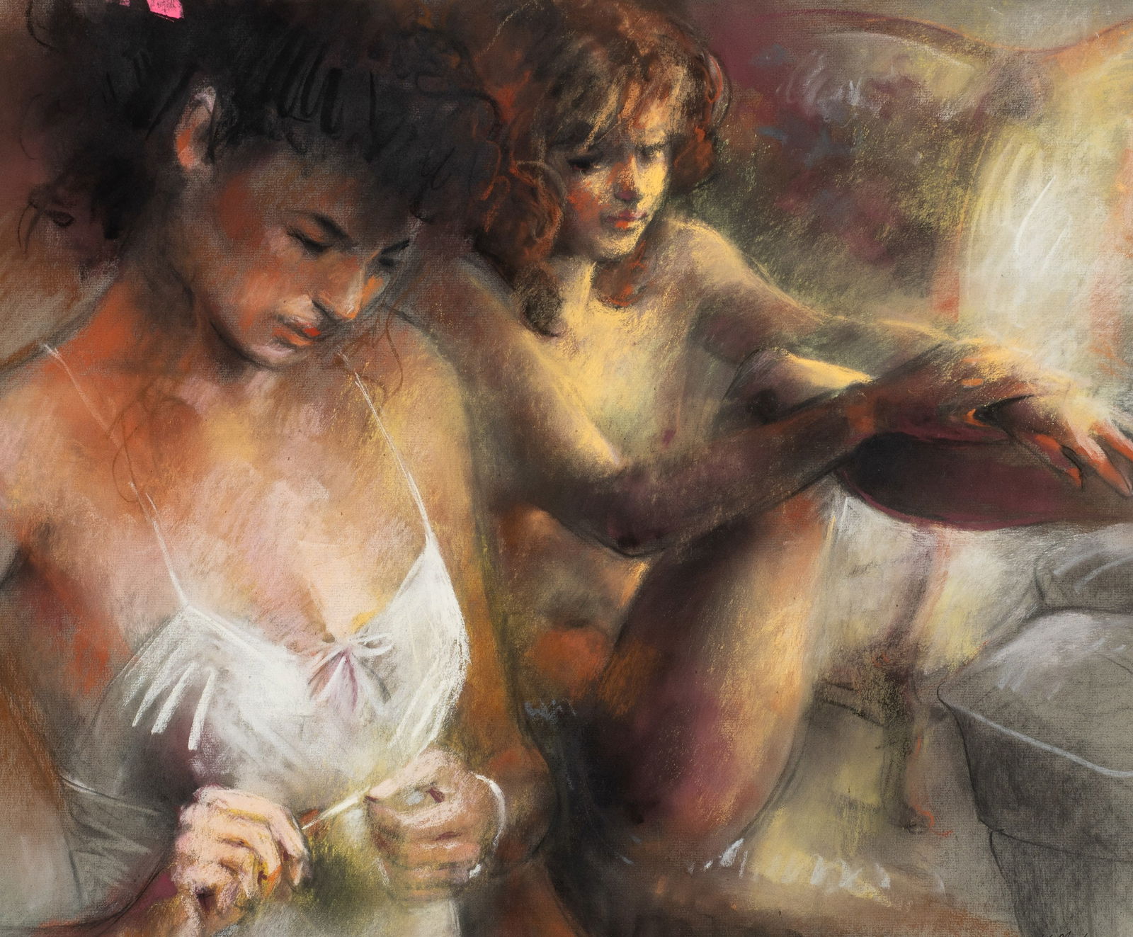 Pastel of Two Dancers by Walter Moskow.: Artist(s): Walter Moskow (America, 1931-2013). Medium: Pastel drawing on paper. Signature(s): Lower right. Paperwork/Provenance: N/A Condition: Scattered flecks of discoloration, and rippling to the u