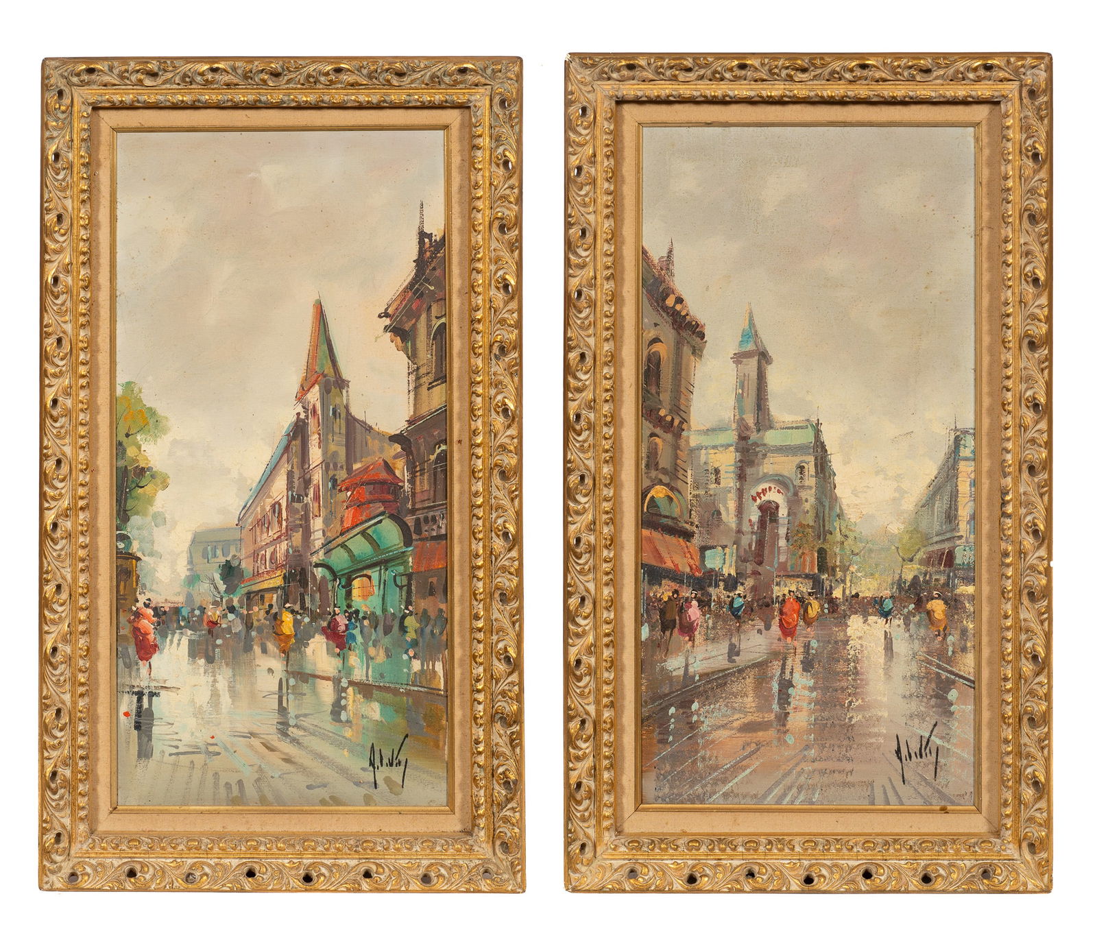 Pair of Parisian Street Scenes, Antonio DeVity.: Artist(s): Antonio DeVity (Italian, 1901-1993). Medium: Oil paintings on canvas. Signature(s): Both are signed, lower right. En verso of both are stamps from Studio D'Art A. DeVity. Paperwork/Provenan