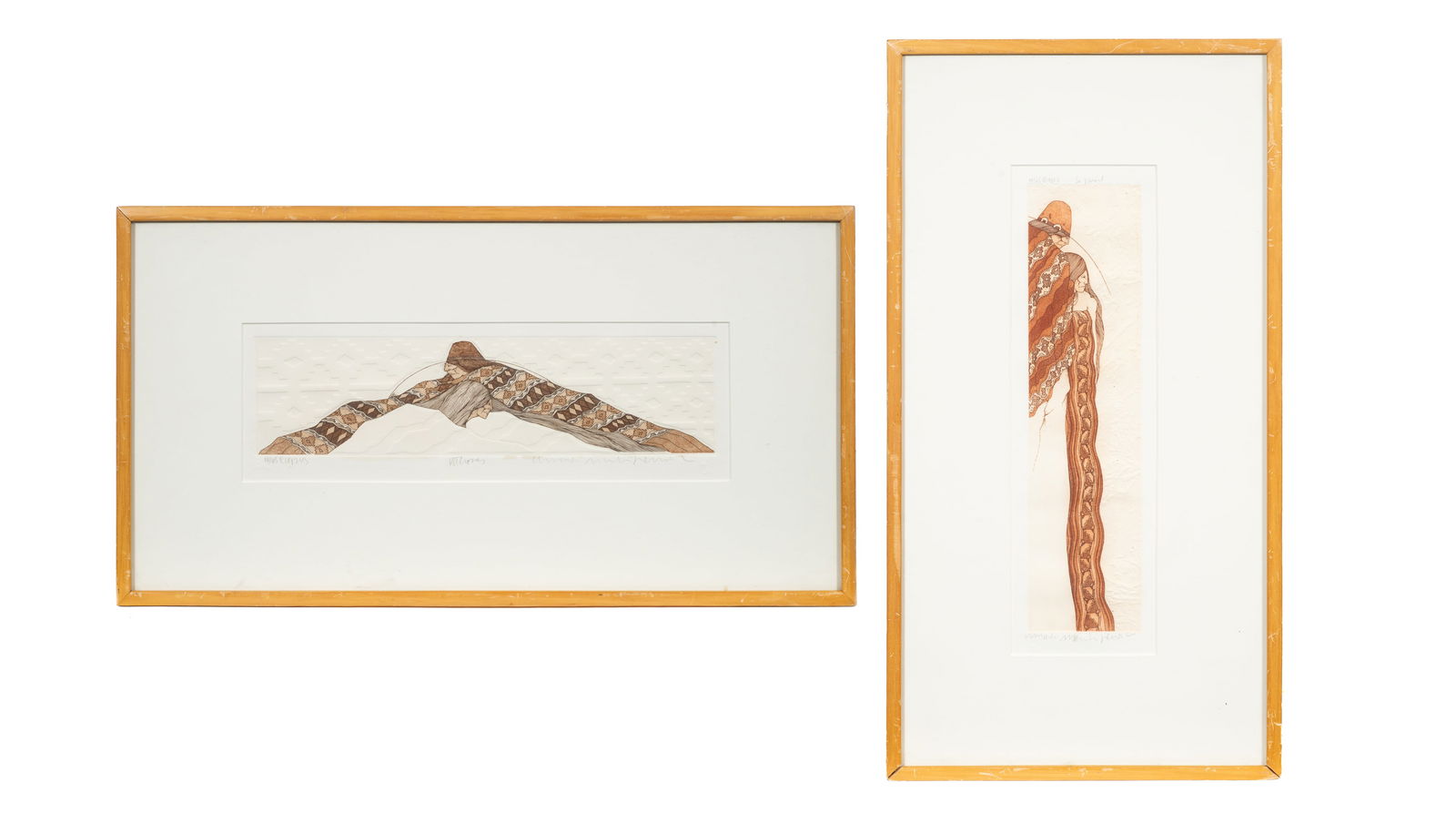 Pr. of Etchings by Amado Maurilio Pena, Jr.: Artist(s): Amado Maurilio Pena, Jr. (b. 1943). Medium: Embossed etchings with aquatint. Signature(s): Both are pencil signed, titled, and numbered (14/65). Paperwork/Provenance: Attached en verso are