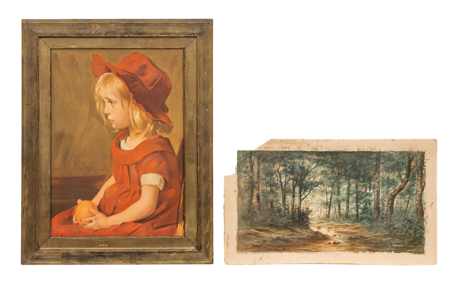 Two Works - Louise Breslau & W. L. E. Knowles.: This lot contains a landscape watercolor painting by W. L. Everett Knowles (American, 1848-?), and a lithograph of Louise Breslau's (Swiss, 1856-1927) "Fillette a l'Orange". Paperwork/Provenance: N/A