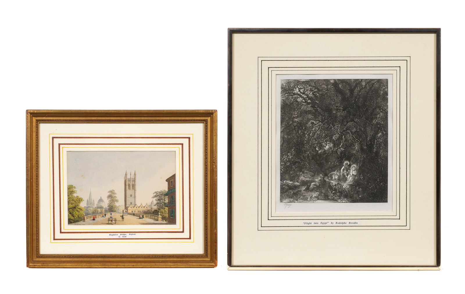 Lot of Two Works - George Pyne & Rodolphe Bresdin.: This lot contains: a watercolor painting of Magdalen Bridge by George Pyne (British, 1800-1884). It is signed and dated "G. Pyne / 1869", lower left; and an etching transferred lithograph originally b