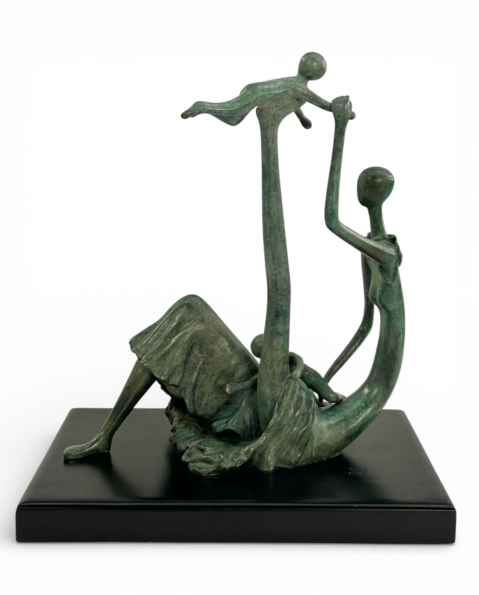 Ruth Bloch Bronze Sculpture of Mother & Children.: The sculpture is signed R. Bloch 3/15 near the base. It depicts a playful mother with 2 children figures. The piece sits on a rectangular base, which measures 15 3/4" x 11 3/4" x 1 3/4". The