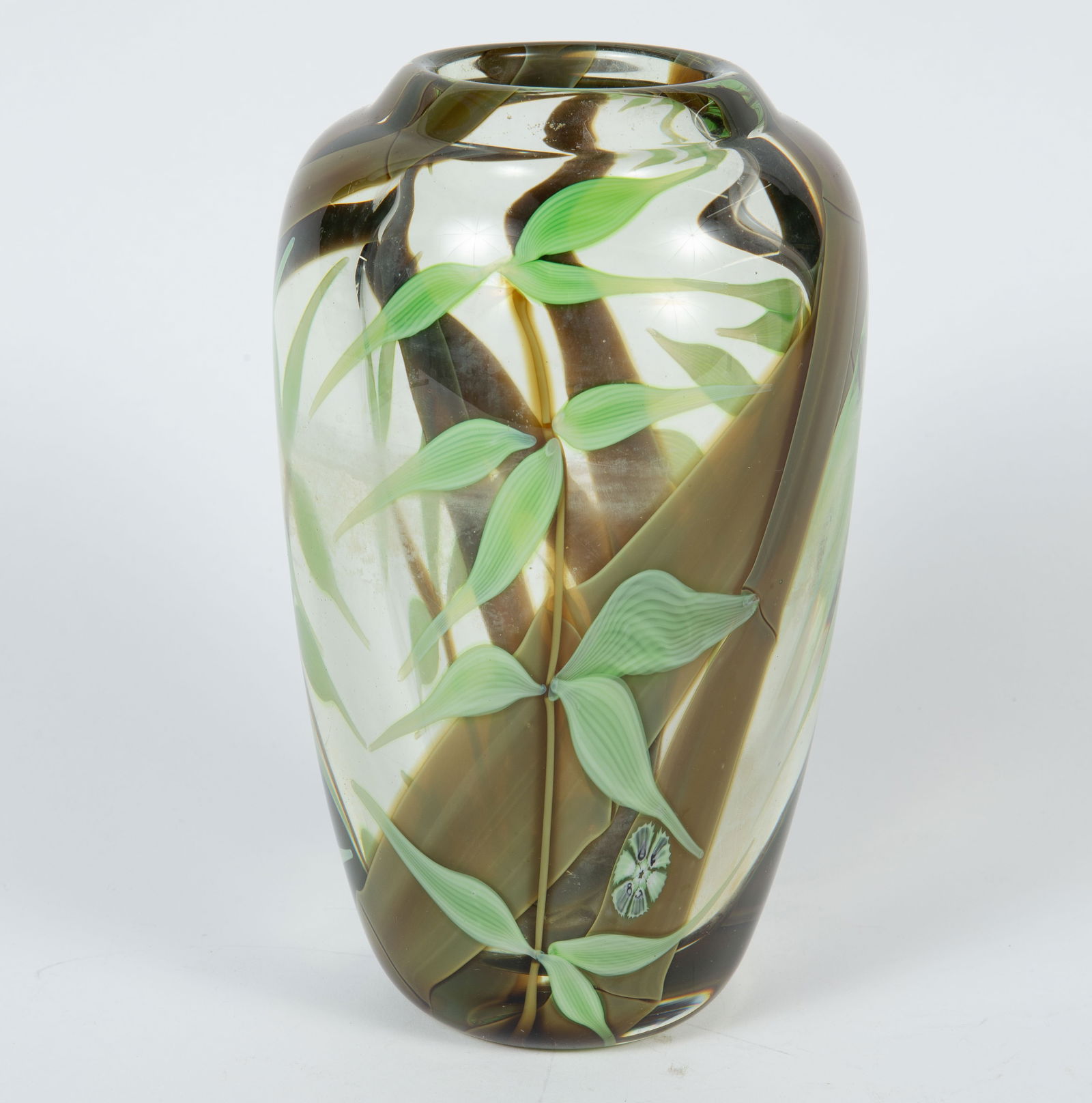 Orient & Flume Bamboo Vase by Bruce Sillars.: It is signed underneath, and dated 1983. It could use a cleaning, but looks to be in overall good condition. It measures 5 5/8" x 5 5/8" x 10 1/8". The piece is very heavy. Third-party shipping or per