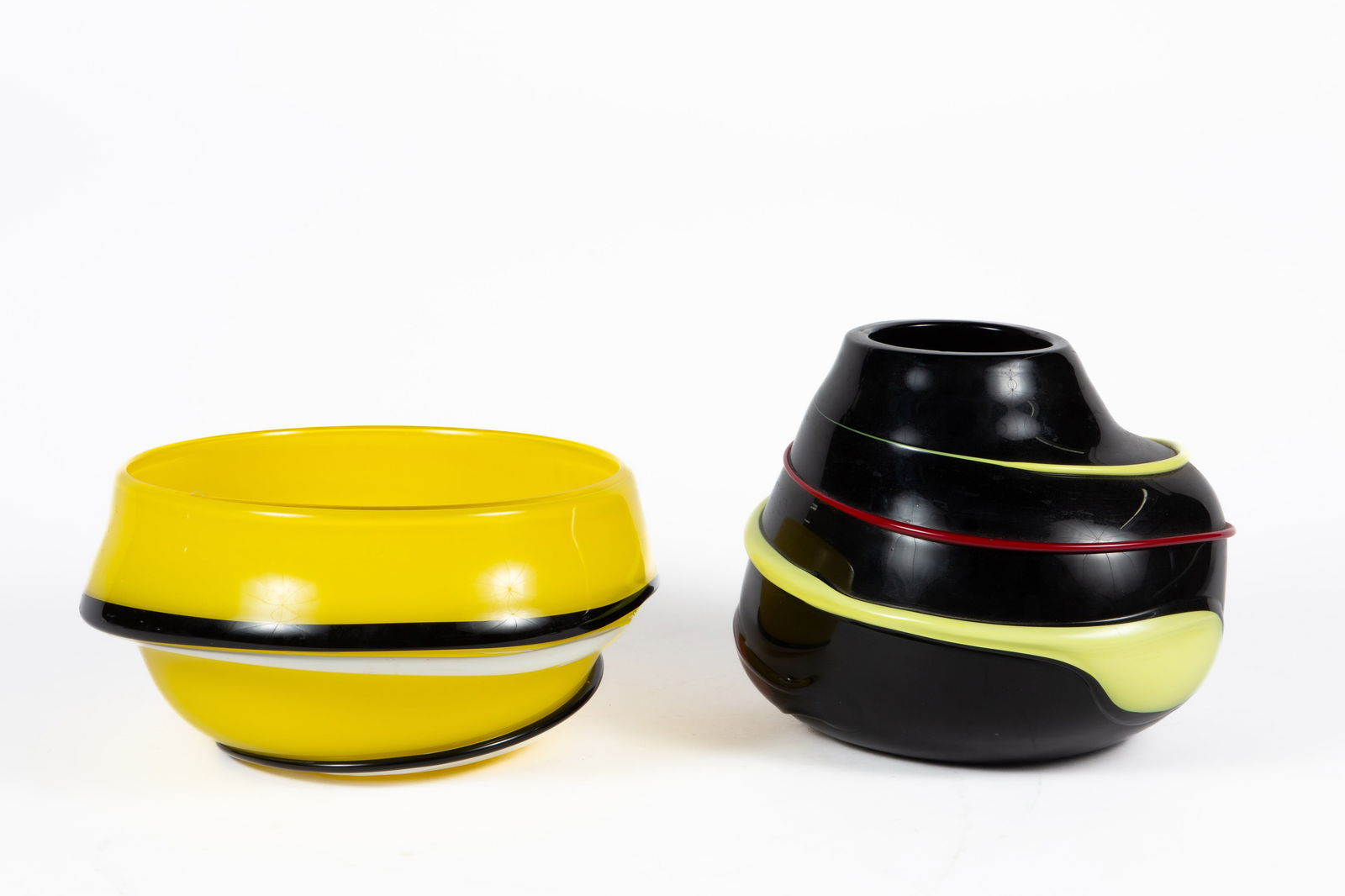 Lot of Fujimori Kato Kogei Art Glass- Vase & Bowl.: Both pieces look to be in good cosmetic condition. The bowl measures 12 1/2" x 12 1/2" x 6 1/2". The vase measures 10 1/2" x 10 3/4" x 9 1/8". In-house shipping is available. Please see our website re