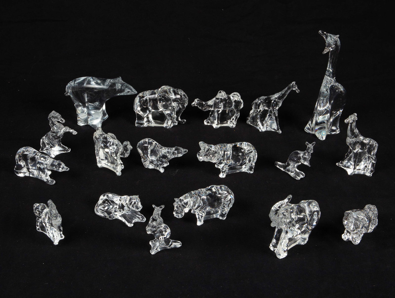 Lot of Crystal Animal Figurines - Sweden, etc.: This lot includes two larger animals with "Made in Sweden" stickers, and 16 smaller animals. These smaller animals look to mostly be Franklin Mint "Animals of the Ark" figurines. Overall, the lot look