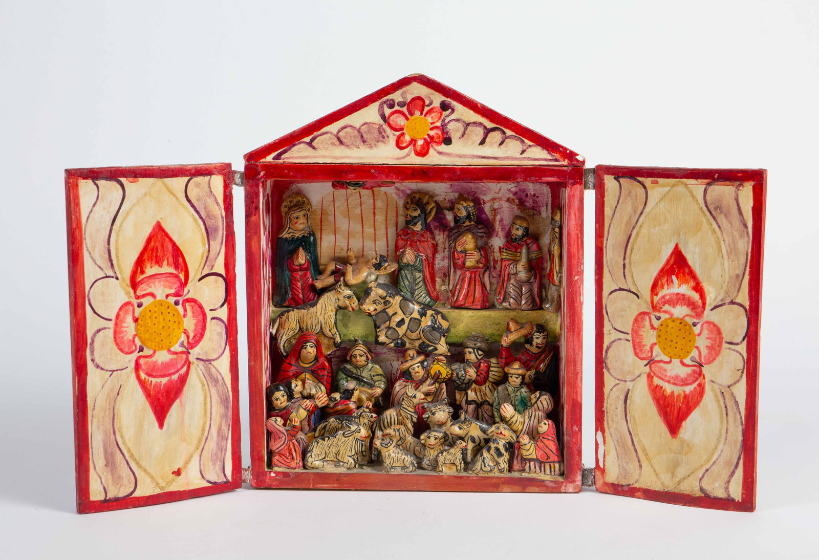 Vintage Folk Art Retablo Nativity Diorama.: It is faintly signed on the back, but is illegible. It may be Nicario Jimenez, or an artist with a similar style. There are some small nicks and areas with paint loss, but overall, this elaborate scen