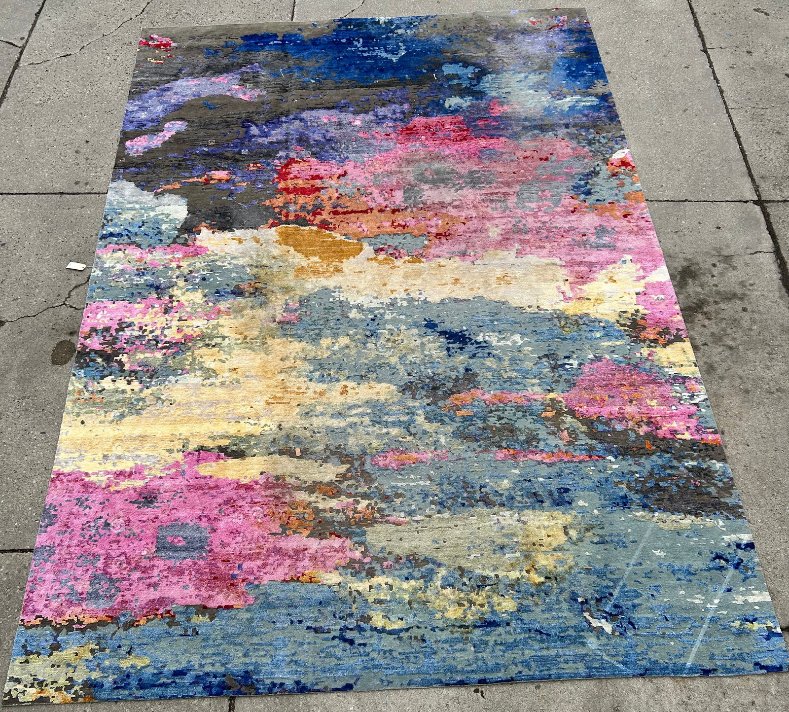 12' 5" x 17' 10" Large Colorful Modern Tibetan Rug: The rug has vibrant colors. Some areas of the rug are quite soft, indicating it may possibly be silk in some areas. The rug also is quite heavy. It looks to be in good overall condition. In-house ship