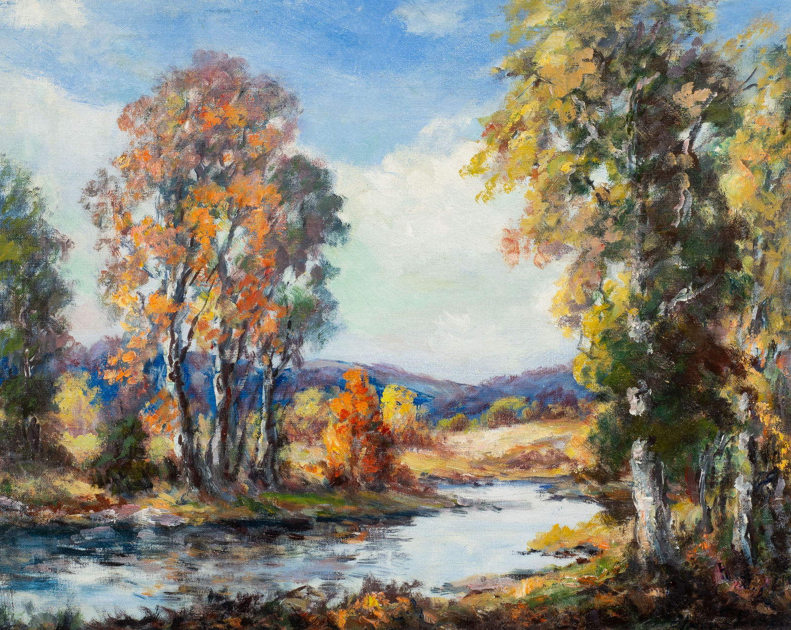 Elmer Berge, Land of Sky Blue Waters, Painting.: Artist(s): Elmer S. Berge (Norwegian, 1892-1956). Medium: Oil on canvas. Signature(s): Lower right. Paperwork/Provenance: Artist label attached en verso. Condition: Visible stretcher lines and minor