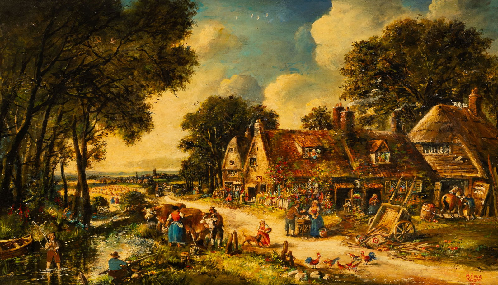 Bustling Dutch Village, Painting Sgd. Rima.: Artist(s): Unknown, Mid to late 20th century. Medium: Oil on canvas. Signature(s): Lower right. It is also signed illegibly and dated from 1984, en verso. Paperwork/Provenance: N/A Condition: