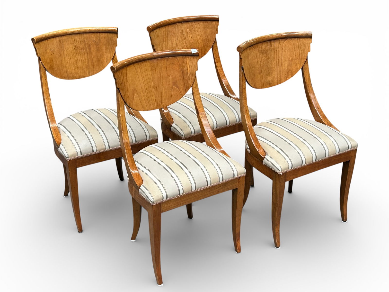 Set of Four Biedermeier Style Chairs.: These dining chairs have striped upholstery and light wood frames. They are in good condition, with only minor wear, staining, and fading. Each one measures 20 1/2" wide, 18" deep, and 37" tall.
