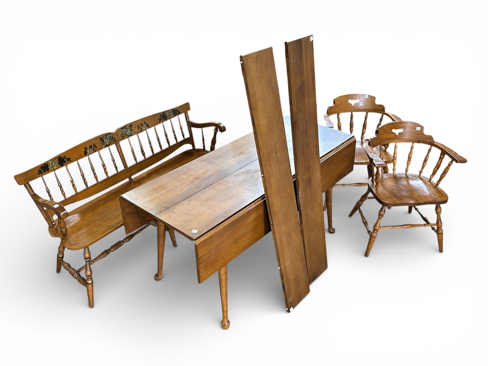 Mahogany Demilune Table & Tilt-Top Table.: The Georgian style demilune table has a banded and inlaid design, with a flip top that unfolds into a full circle. The tilt-top table is also Georgian style. It has a raised border and sits on a