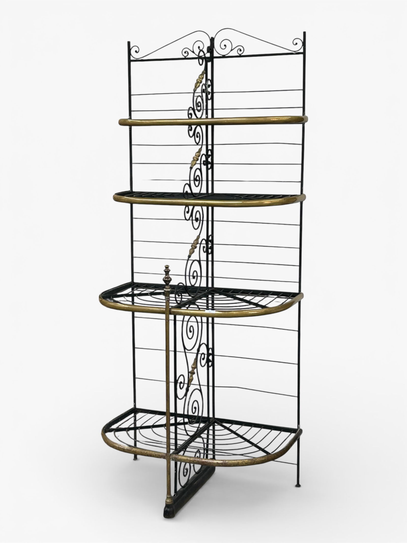 French Style Wrought Iron Baker's Rack.: This French style baker's rack has brass accents and scrolled details. It features eight shelves, with a divider in the center. Five of the shelves have glass inserts. Three of the shelves are