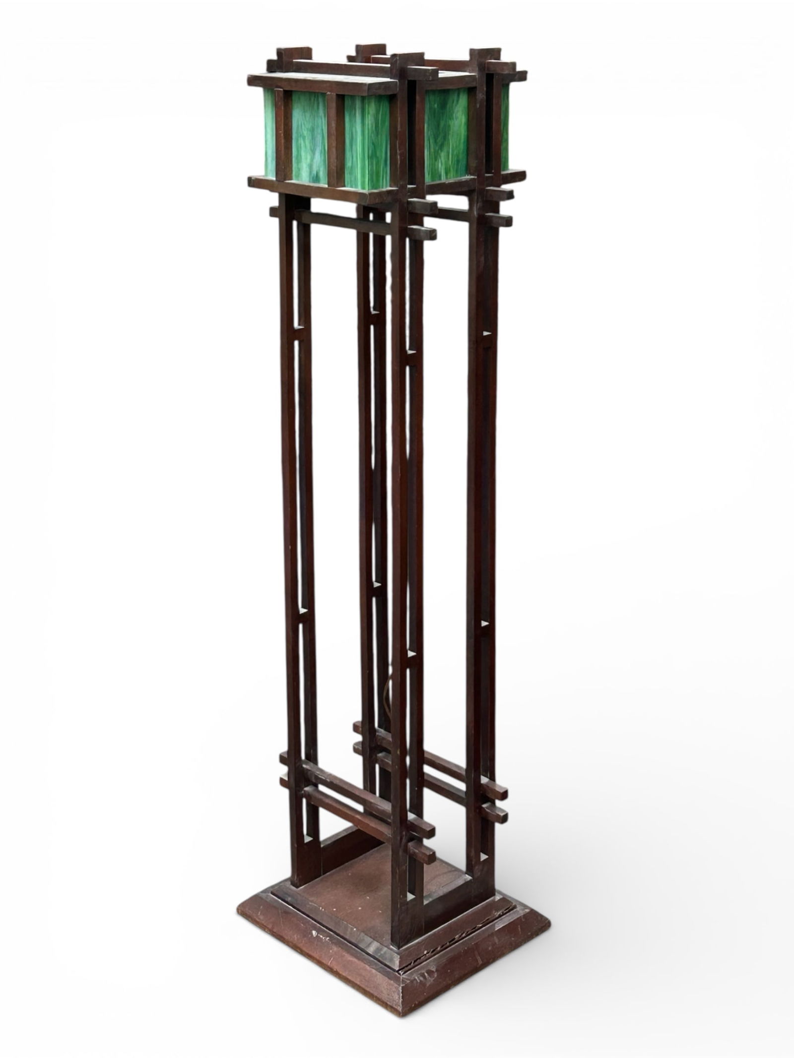 Arts & Crafts Style Slag Glass Floor Lamp.: This dark wood lamp has a green slag glass shade. It is in working condition. There is a large split in the base, but the piece is stable. It measures 18" wide, 16" deep, and 67" tall. Third-party