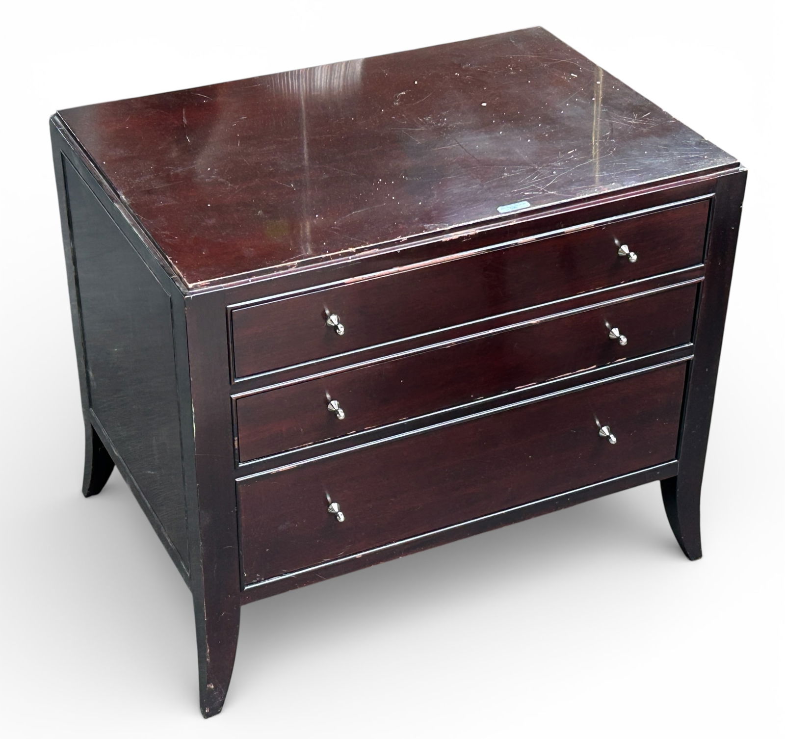 Barbara Barry for Baker Chest.: This dark mahogany three-drawer nightstand or chest has brushed nickel hardware. One of the rear legs is broken. It measures 32" wide, 22" deep, and 27" tall. Third-party freight shipping or personal