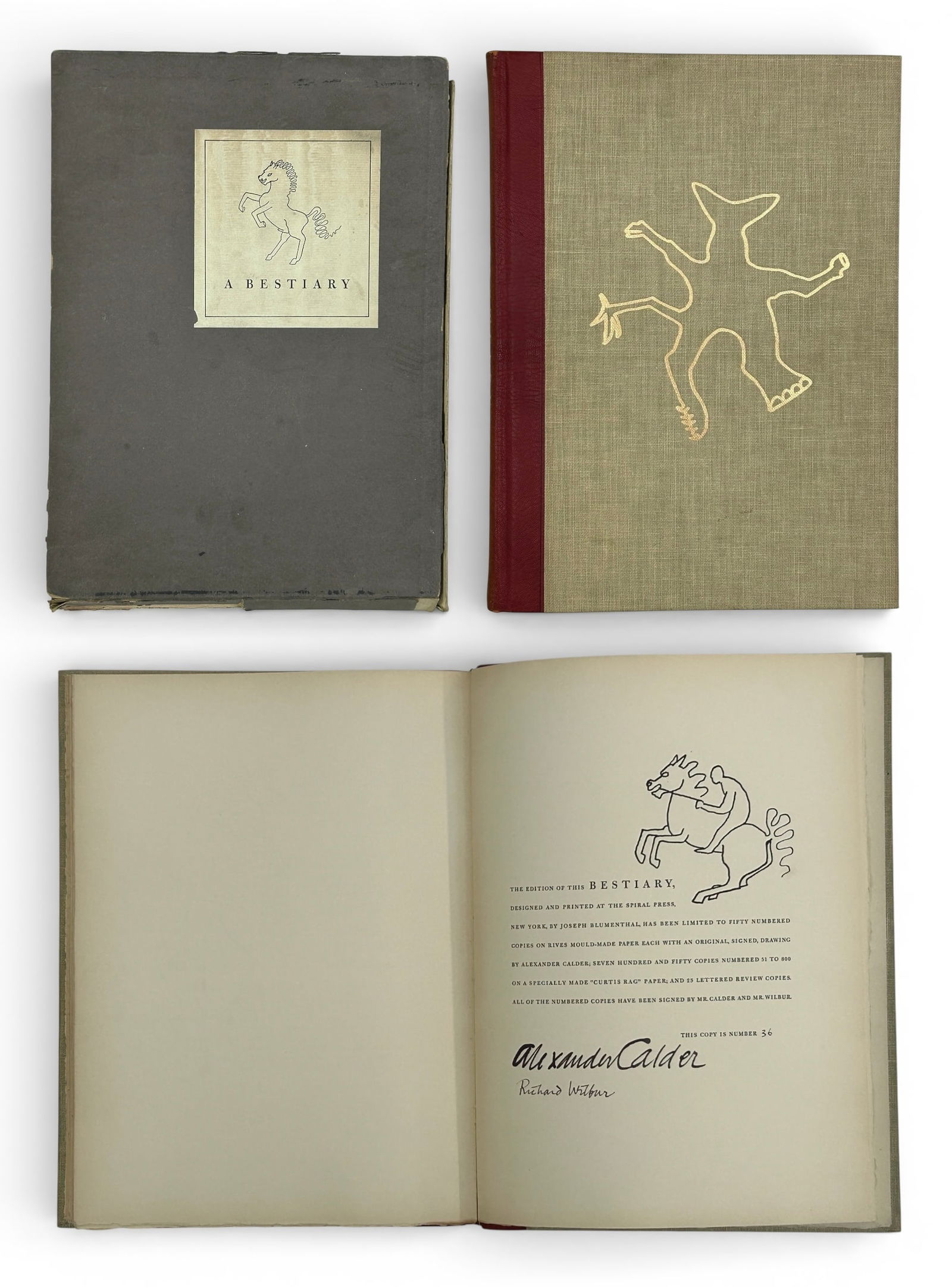 A Bestiary Ltd. Ed. 36/50 Sgd. Calder & Wilbur.: This rare limited edition book was compiled by Richard Wilbur, Illustrated by Alexander Calder, and printed at The Spiral Press for Pantheon Books New York in 1955. The high quality book was printed o