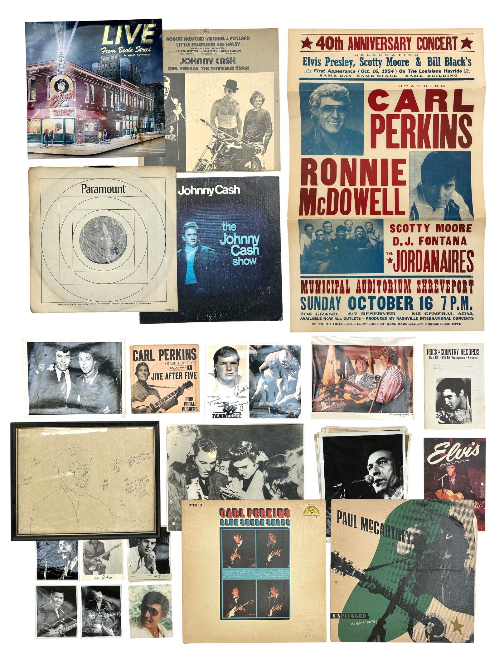 Lot: Carl Perkins Poster & Photos, Vintage Records: This lot includes the following: a 1994 concert poster advertising a show with Carl Perkins, Ronnie McDowell, and more; several photographs of Carl Perkins (including one with Paul McCartney), an Elvi