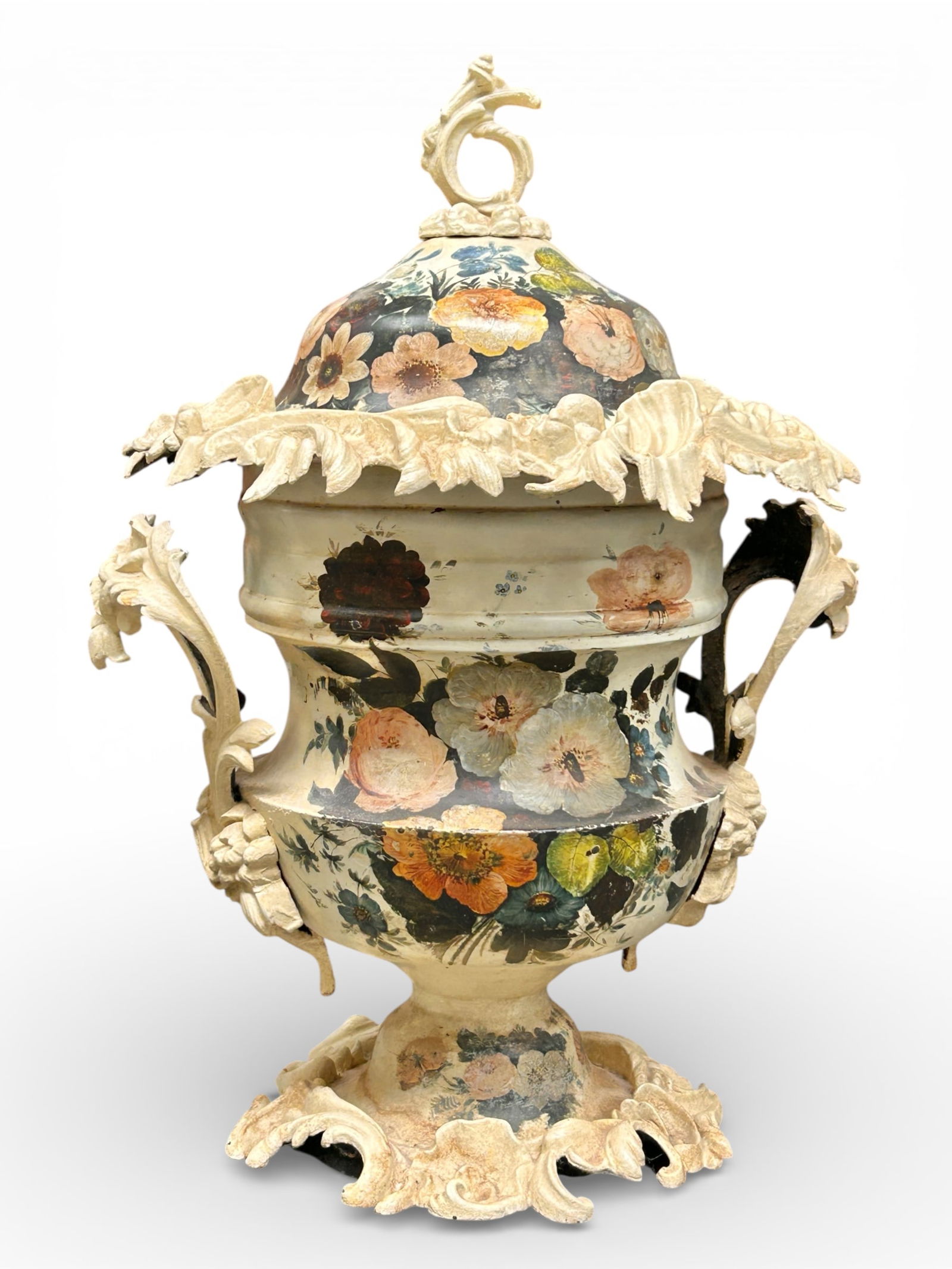 Ornate Cast Iron & Steel Floral Urn.: The urn has a lid, floral designs, and hand-painted elements. It is signed under the lid, "Benj Walton + Company." There are some scratches and scuff marks. It measures 22" wide, 21" deep, and 30"