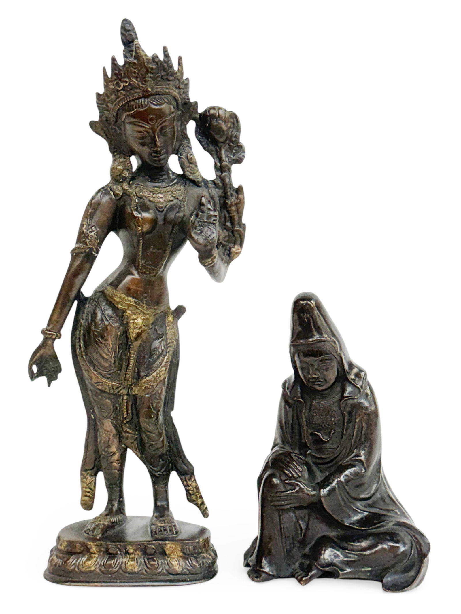 Lot of 2 Chinese Bronze Figures - Tara & Buddha.: Both sculptures are in good overall condition. The larger figure is of the Tara goddess. This piece measures 12 1/8" tall, 4 3/4" wide, and 2 3/8" deep. The seated figure measures 6 1/4" tall, 4 1/8"