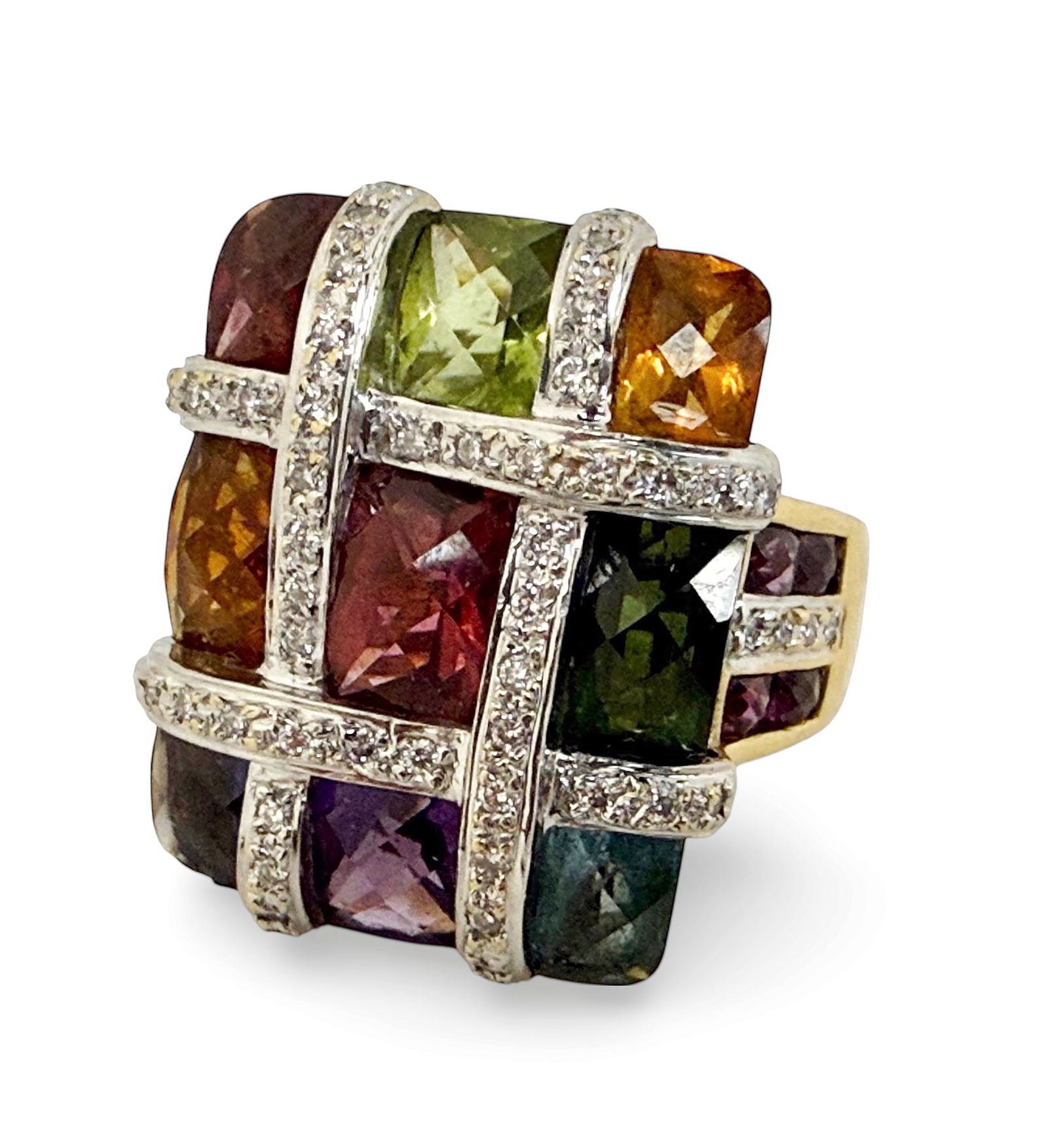 Bellarri 18K Yellow Gold Mosaic Ring w/ Diamonds.: The modern ring from Bellarri's Mosaic Collection is marked 18K and Bellarri (faded) inside the band. It is a size 7 1/4. According to the brand's website, they currently are selling a 14K version of