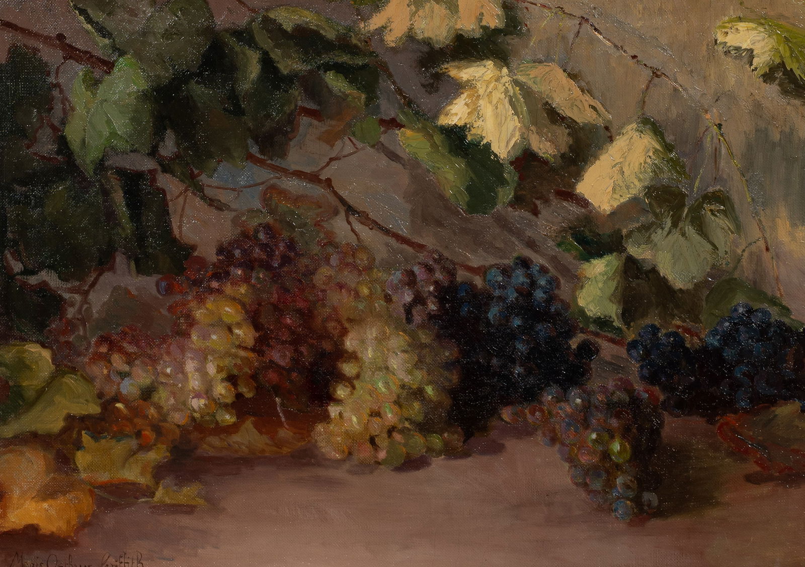 Still Life of Grapes on the Vine, Marie Osthaus.: Artist(s): Marie Henrietta Osthaus Griffith (Prussian / American, 1855-1927). Medium: Oil painting on canvas. Signature(s): Lower left. Paperwork/Provenance: N/A Condition: Craquelure and visible