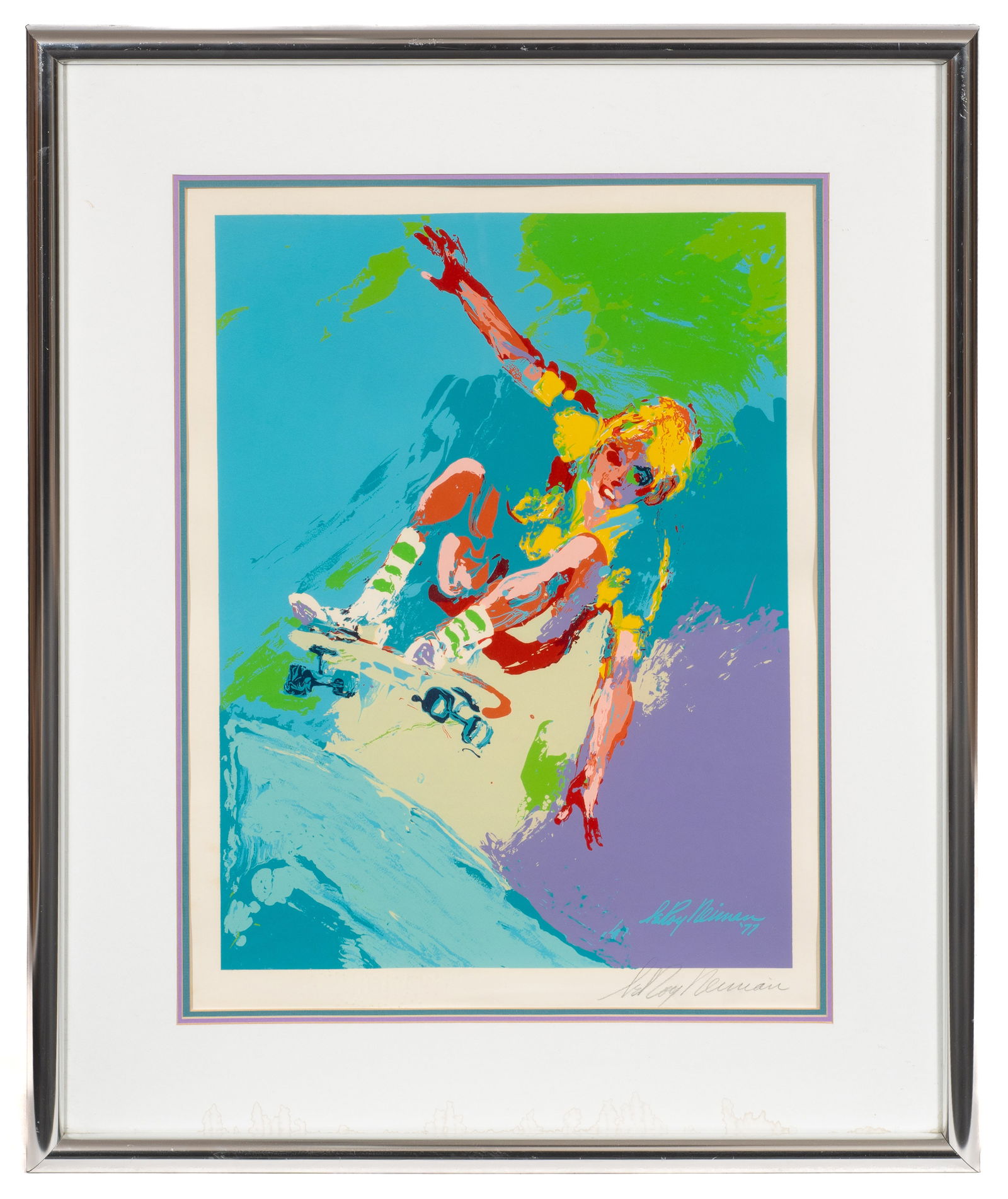 Skateboarder, LeRoy Neiman Serigraph.: Artist(s): LeRoy Neiman (American, 1921-2012). Medium: Serigraph in colors. Signature(s): Pencil signed, lower right. Paperwork/Provenance: Attached en verso is a label from Genesis Galleries, Inc. Co