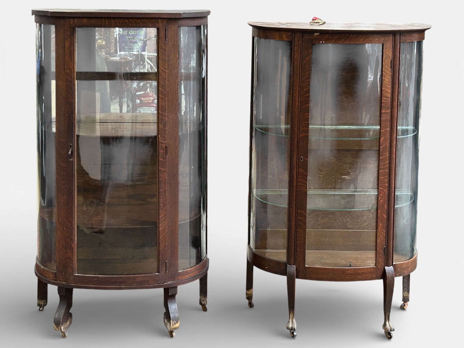 Two Tiger Oak Curved Glass Curio Cabinets. (1 of 11)