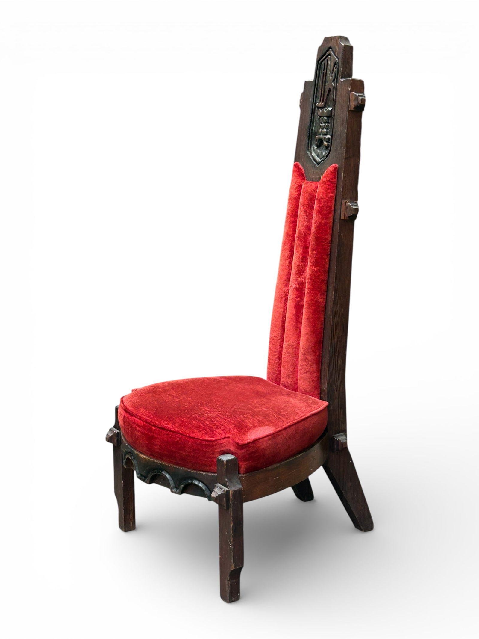 Mid-Century Modern "Jungle Room" Chair.: This brutalist chair has a tall carved back and a red upholstered seat. It is in good overall condition. The chair measures 24" wide, 19" deep, and 55 1/2" tall. Third-party freight shipping or person