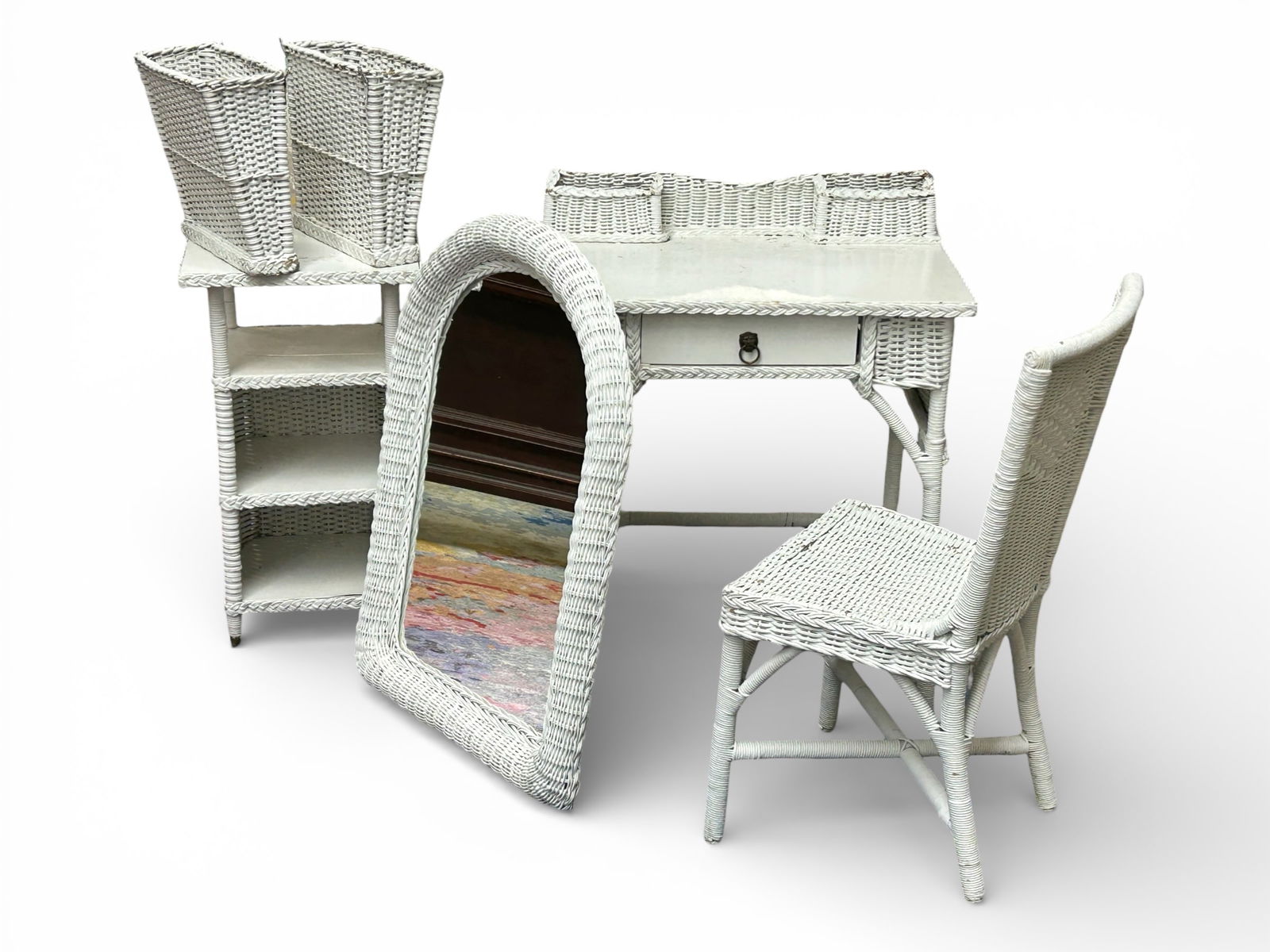 Lot of Wicker Furniture Pieces.: This lot consists of a small desk or vanity, a chair, a small side table, a pair of baskets or magazine holders, and a mirror. There are scratches, scuffs, and paint loss, but overall, the lot is in g