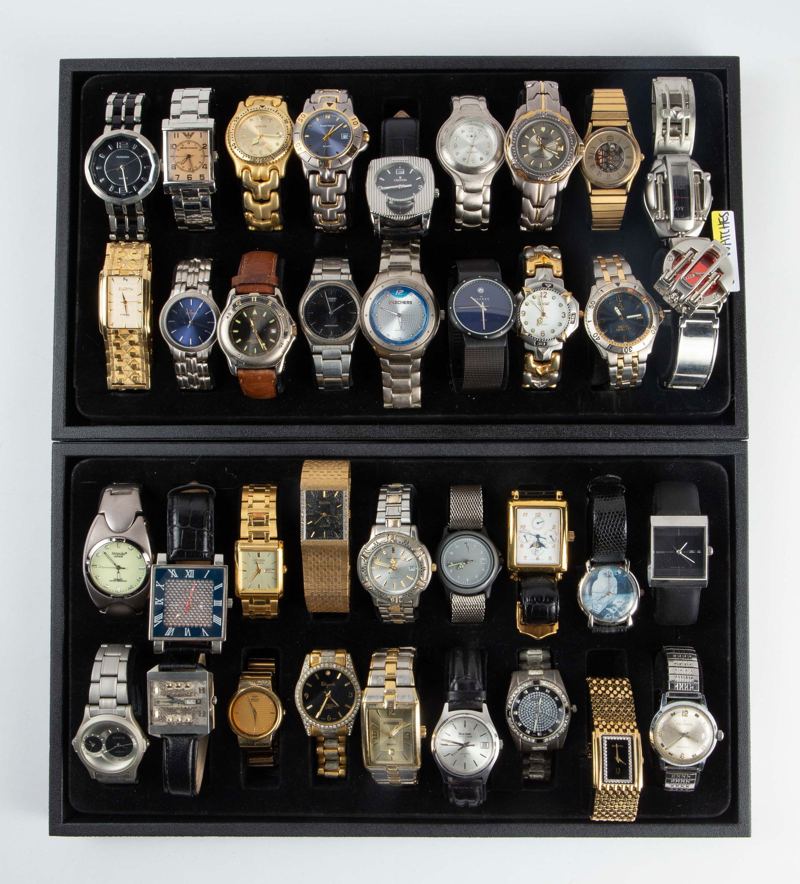 Lot of 36 Mainly Quartz Mens' Watches - Helbros.: The lot contains mostly quartz mens' watches. The few automatic watches are Seiko 22 jewel date, Helbros selfwinding, and Titon Space Star date (missing the crystal). The first two tick. The quartz wa