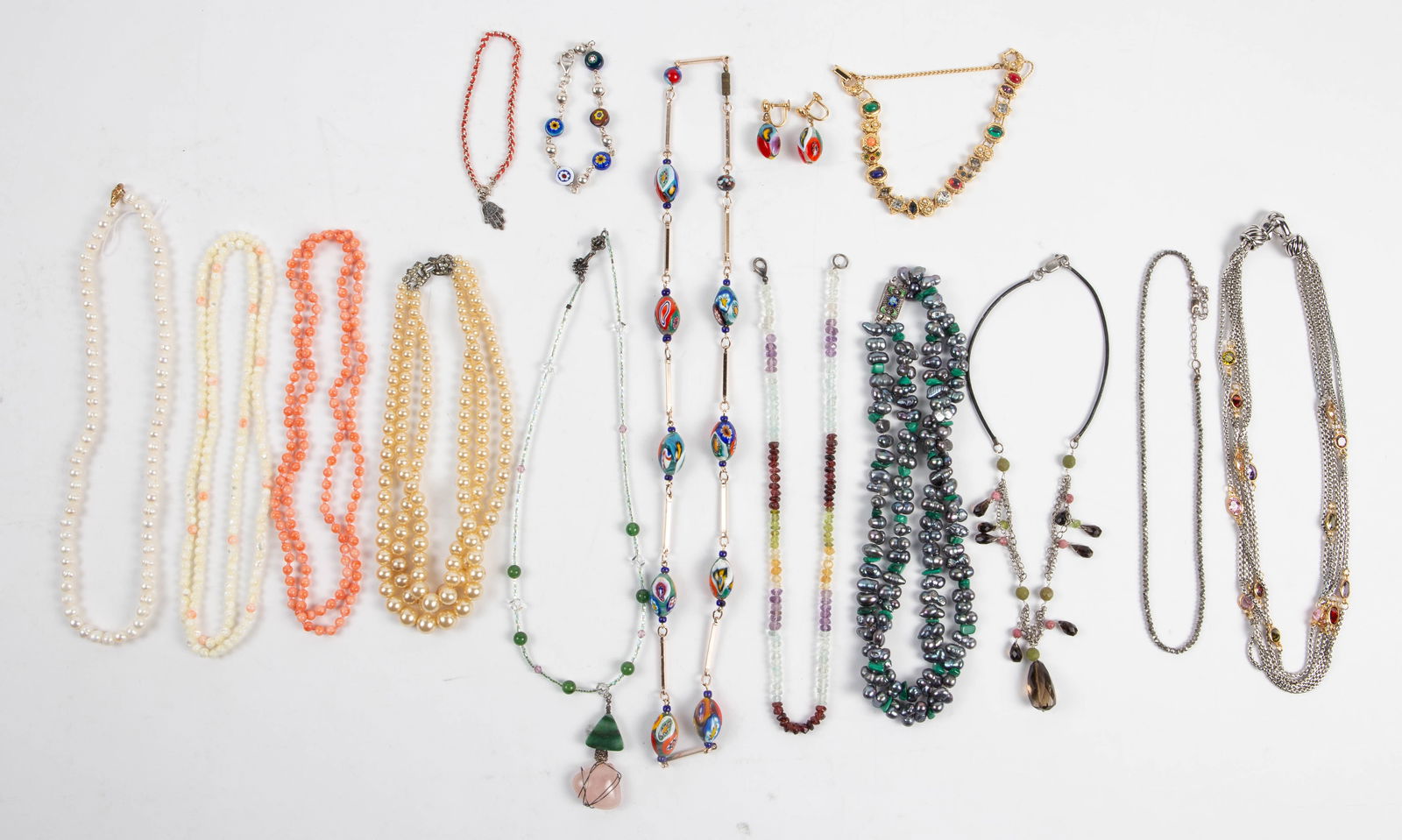 Lot Costume & Ster. Silver Jewelry- Trifari, Pearl: The lot contains 15 pieces of jewelry, 7 of them with sterling silver clasps and/or elements. There is a crown Trifari 3 strand graduated pearl necklace with a sterling silver and rhinestone clasp, a