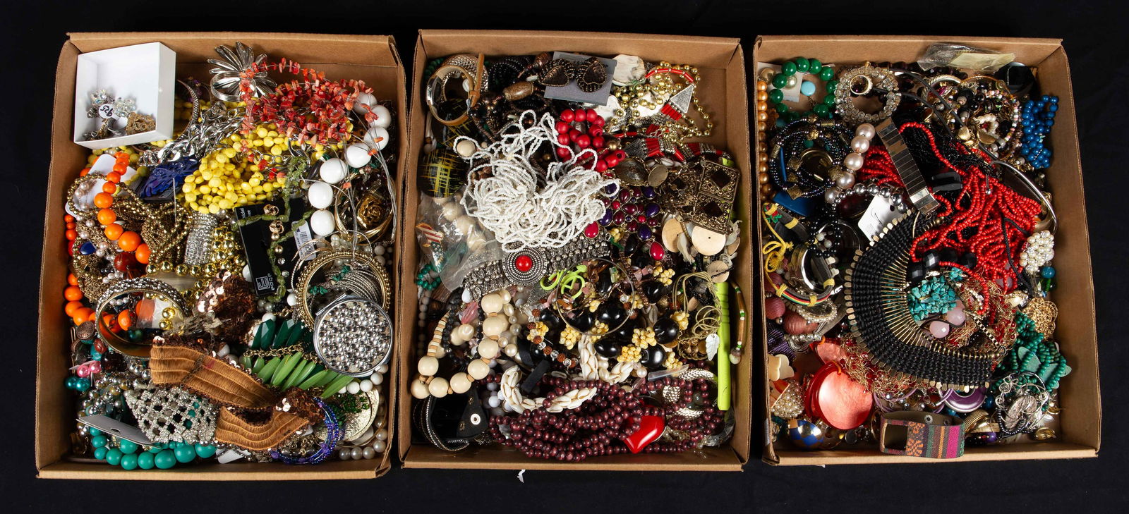 Lot Mostly Costume Jewelry - Vintage, Brands, Etc.: The lot consists of 3 heavy trays of necklaces, earrings, watches, bracelets, brooches, rings and more. The lot includes some vintage jewelry, at least one sterling silver ring, and a few odd accessor