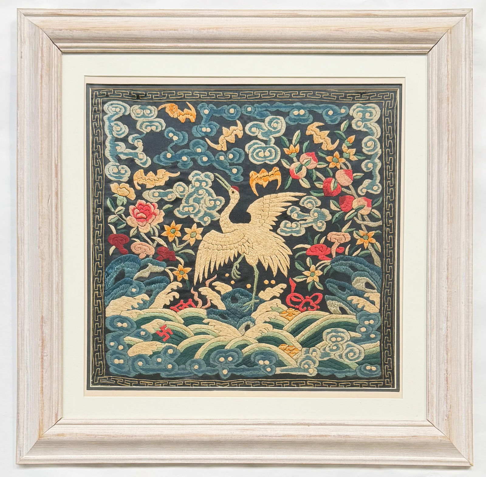 Qing Dynasty Silk Embroidered Rank Badge.: The badge is framed. It looks to be in good overall condition. The frame has bit of wear. The badge measures 11" x 11 1/2". The frame measures 17 1/8" x 17 1/8". In-house shipping is available. Please
