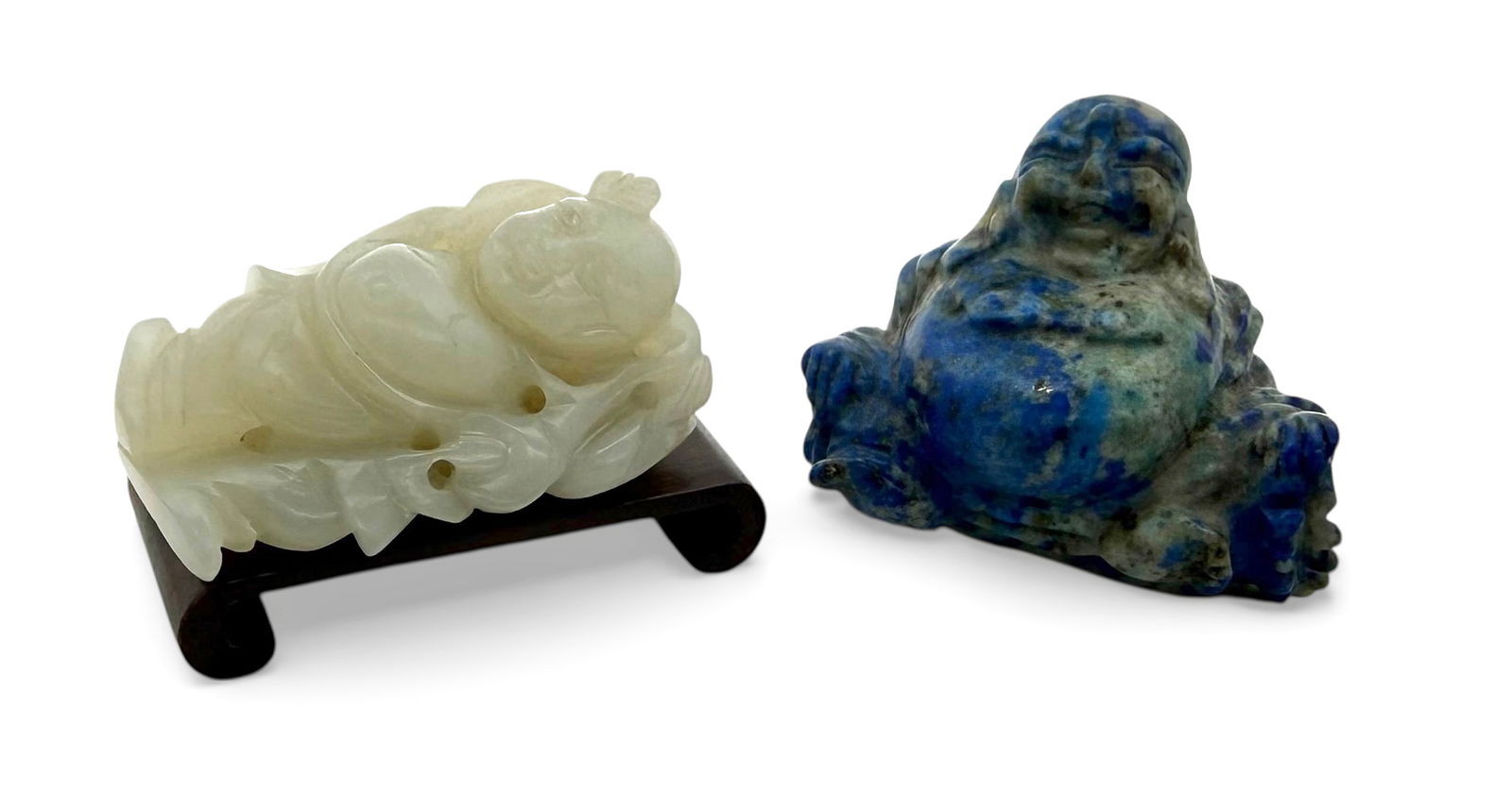 Lot: White or Light Green Jade Boy & Lapis Buddha.: Both pieces look to be in good overall condition. The boy measures 1 7/8" tall, 1 1/8" wide, and 5/8" deep. The laughing buddha measures 1 1/2" tall, 1 3/4" wide, and 1 1/2" deep. One small wood stand