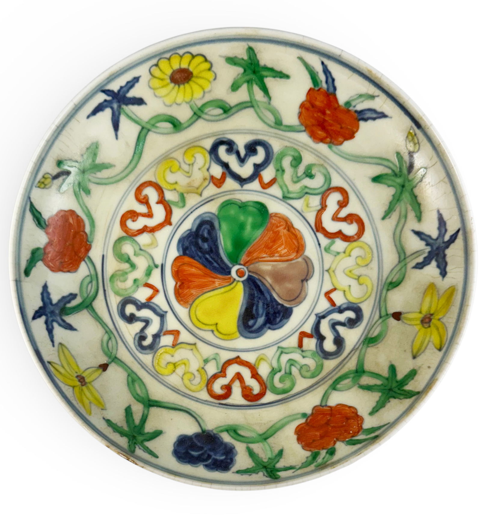 Chinese Porcelain Doucai Plate.: The piece looks like it has some imperfections or possibly minor cracks. It is signed on the underside. The plate measures 1 3/4" tall and 8 7/8" in diameter. In-house shipping is available. Please se