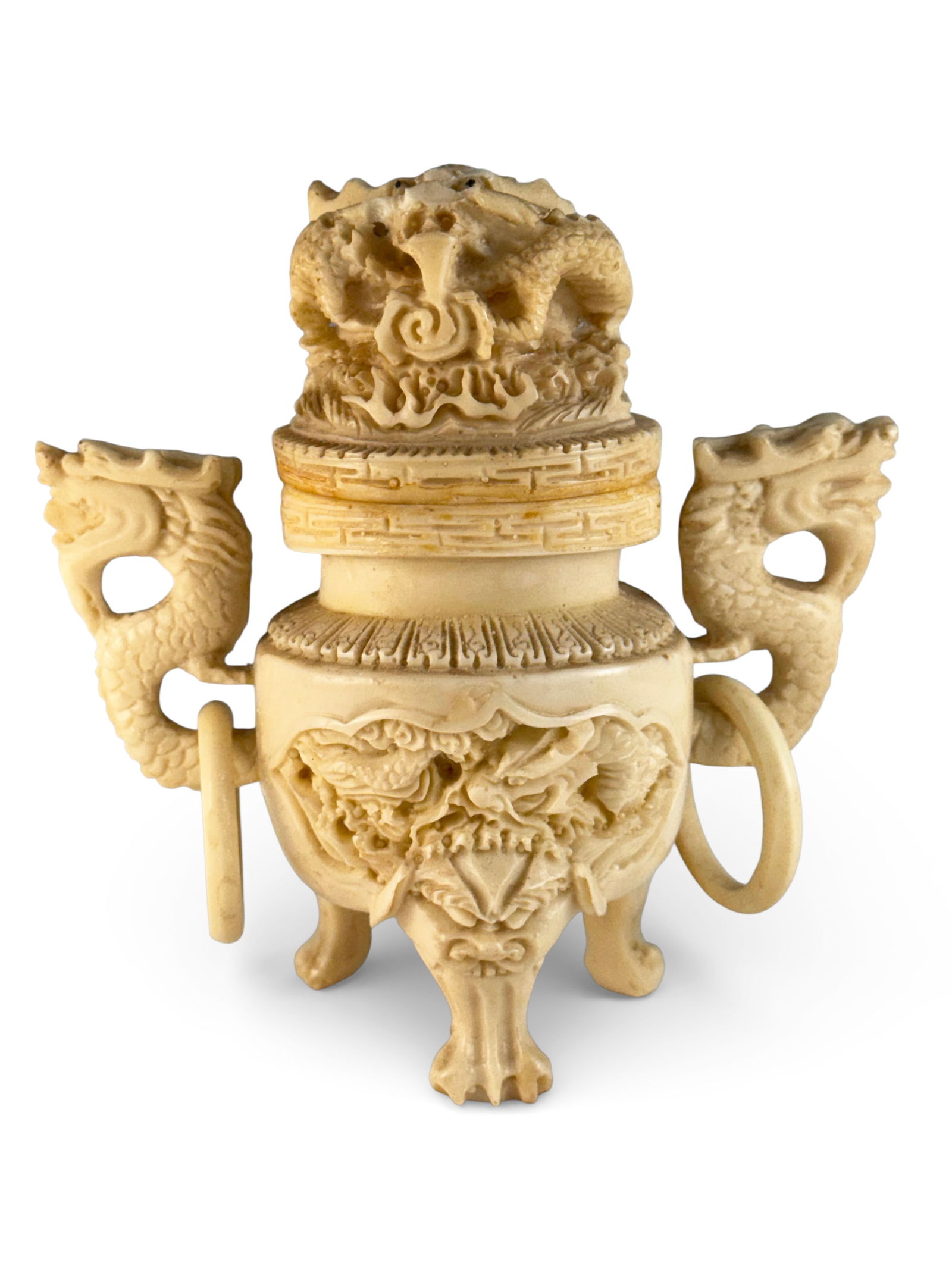 Composition Chinese Censer, As Is.: The dragon themed censer has a broken nose on the lid, and the interior of the lid has a partially missing center portion. There is also a small piece missing from one of the dragon handles. The cense