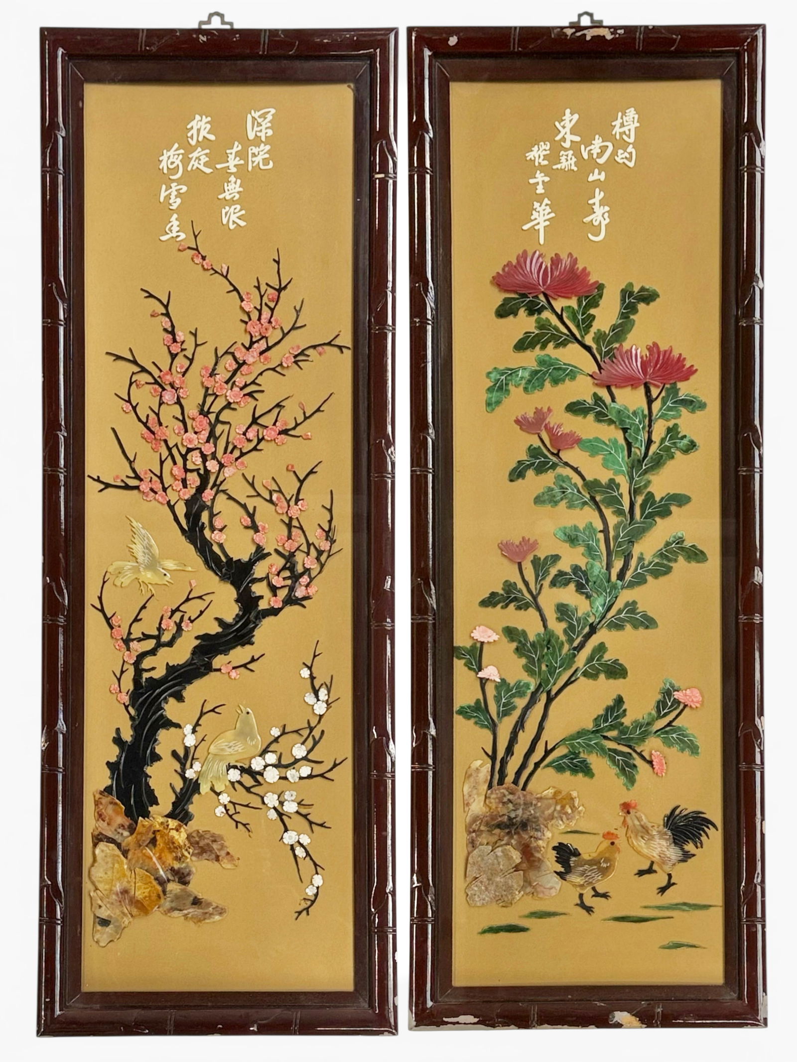 Pair of Chinese Wall Art in Lacquered Frames: The pair look to be in good overall condition, but the frames have lots of wear (see photos). Each frame measures 39 1/2" by 14" wide. Third-party shipping or personal pickup is required. Please see o
