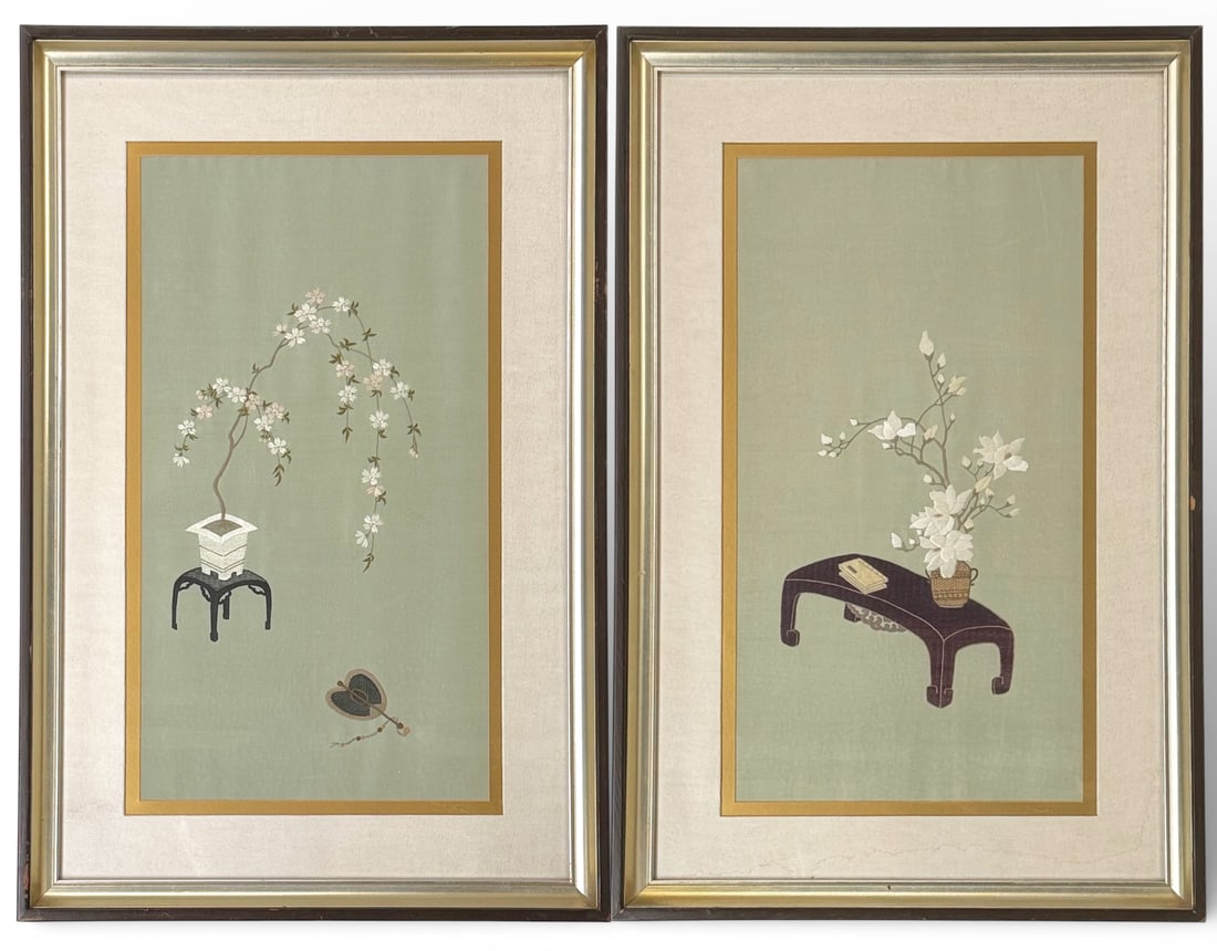 Pair of Asian Silk Embroidered Tapestry Pictures.: These are fairly large. The embroidery is in good overall condition. One frame has a small wood chunk out of it. Both frames have wear. The sight size of each embroidery measures 23 1/2" x 12 1/2". Th