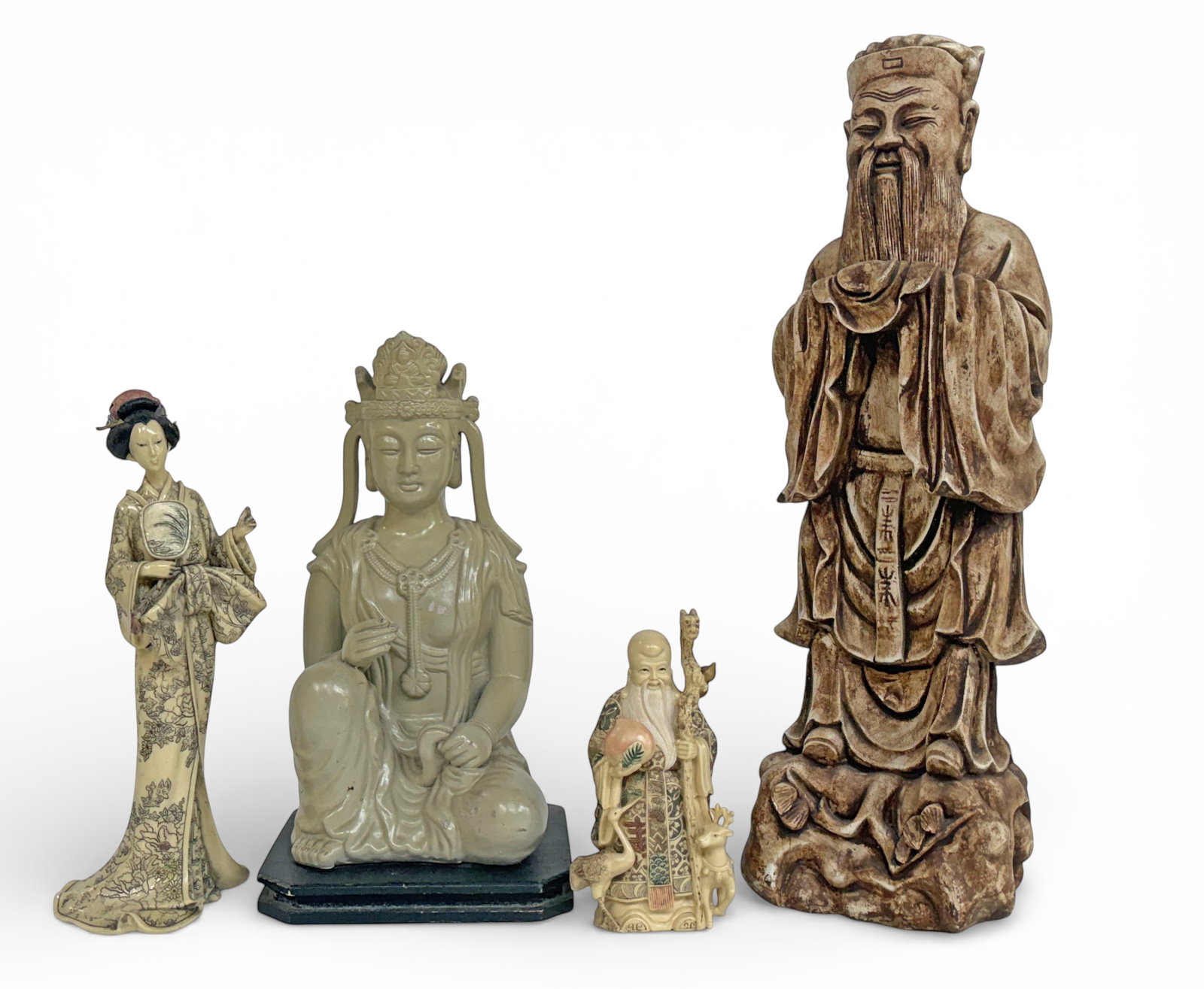 Lot of 4 Asian Composition Figures.: The asian woman figure is light, possibly plastic. The thumb on the woman figure appears to have been repaired. The green asian seated man is signed "Austin Products". It is quite heavy, and has some