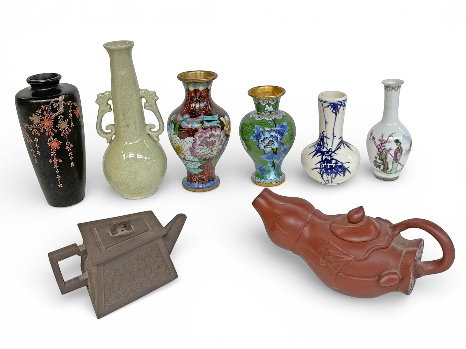 Lot of Asian Vases & 2 Clay Yixing Sgd. Teapots.: There are 3 Chinese porcelain vases, and a Japanese lacquer vase. The Japanese vase has a very small chip on the rim. Also included are two Chinese cloisonne vases. The clay teapots, the cloisonne vas