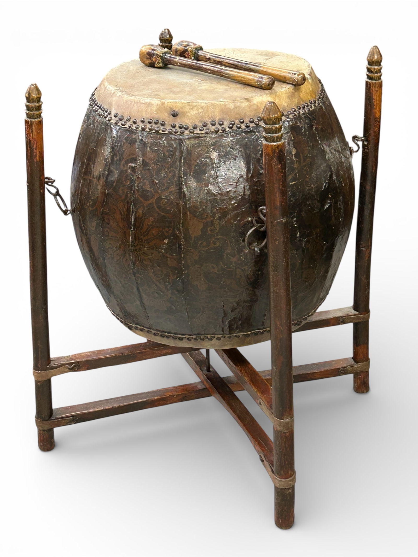 Large Antique Chinese Drum, Stand and Sticks.: The drum is suspended from 4 posts. It comes with a pair of drum sticks. It is in good overall condition for its age, with wear to use (please see photos for condition). The drum and stand measures 41