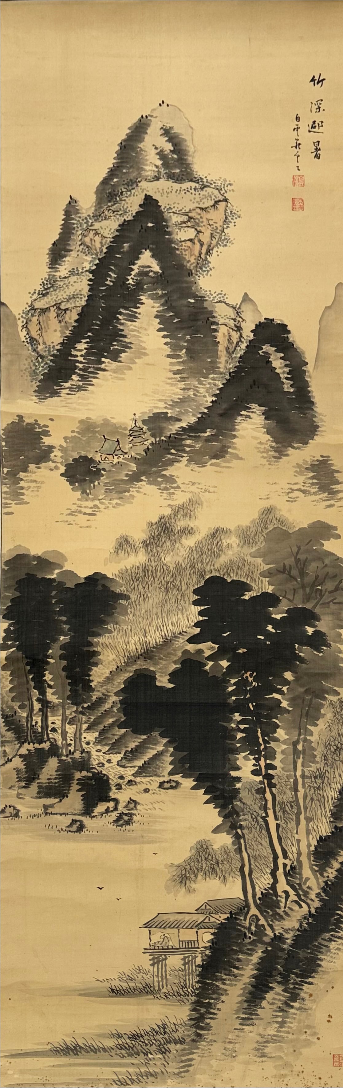 Chinese Ink & Color Scroll Painting on Silk.: It is signed with the artist's seal. There are quite a few wrinkles in the painting, and there are spots of discoloration on the bottom area. The image size measures 47" x 16". The wooden scroll end m