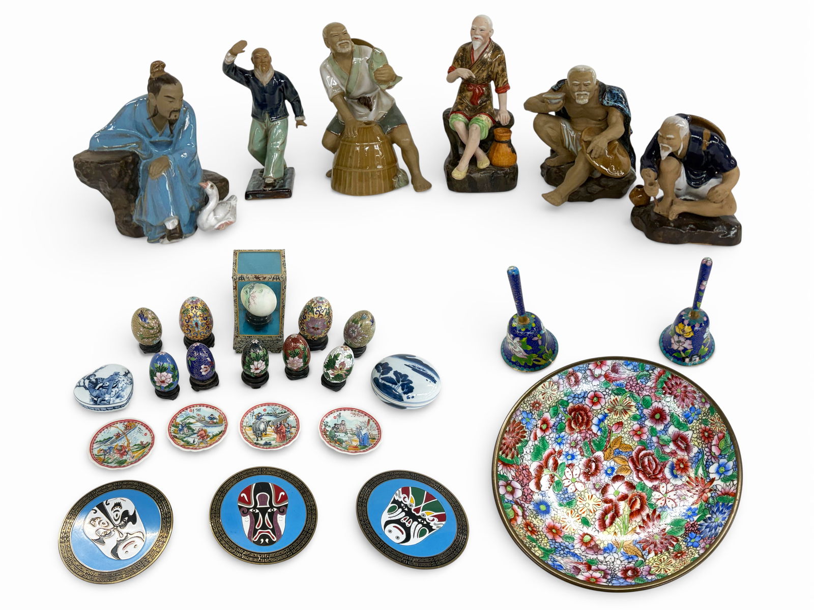 Lot: 2 Bxs. of Mostly Chinese Items.: The lot includes 5 Shiwan mudmen figurines, several cloisonne items, cloisonne eggs, assorted porcelain items, etc. All items look to be in good overall condition. The largest item is the bronze clois