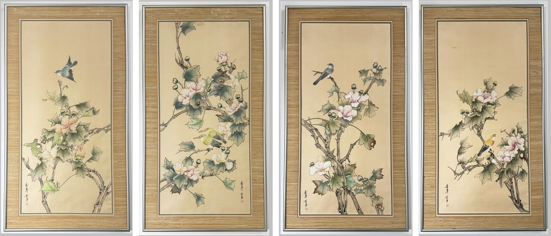 Set of 4 Vintage Chinese Watercolors on Silk. (1 of 9)