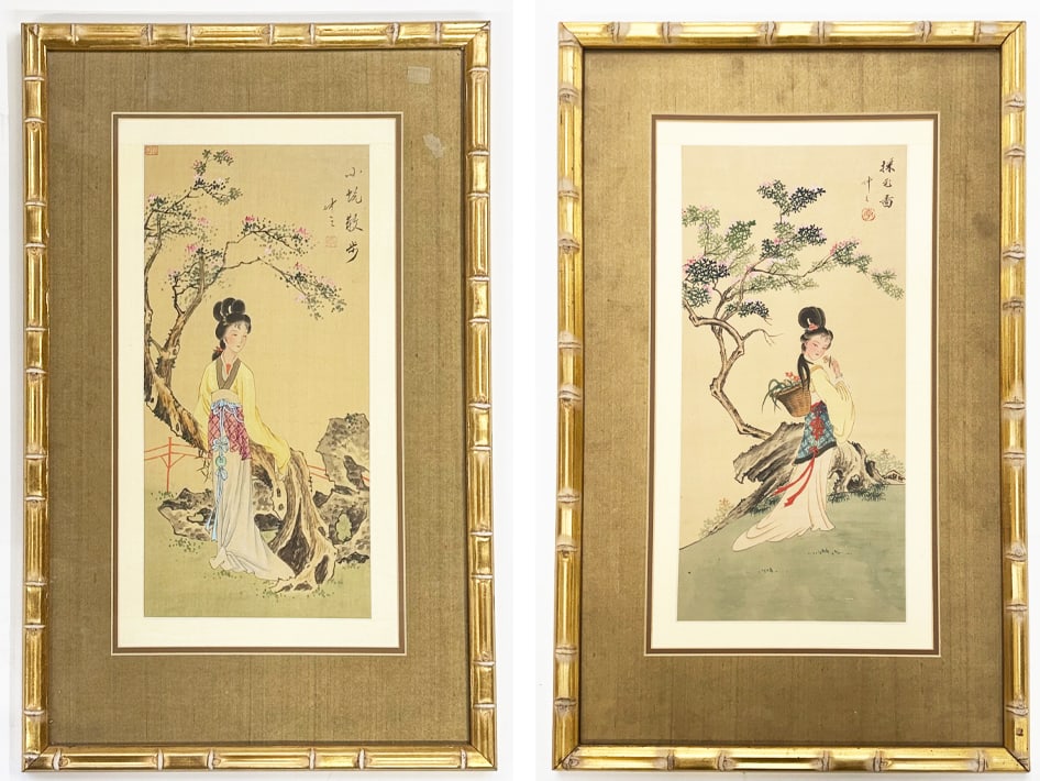 Pair of Vintage Chinese Watercolors on Silk.: They are of Chinese women. One of them has the protective glass in front of the painting, the other does not. Other than that, the paintings and frames are in good overall condition. The image size on