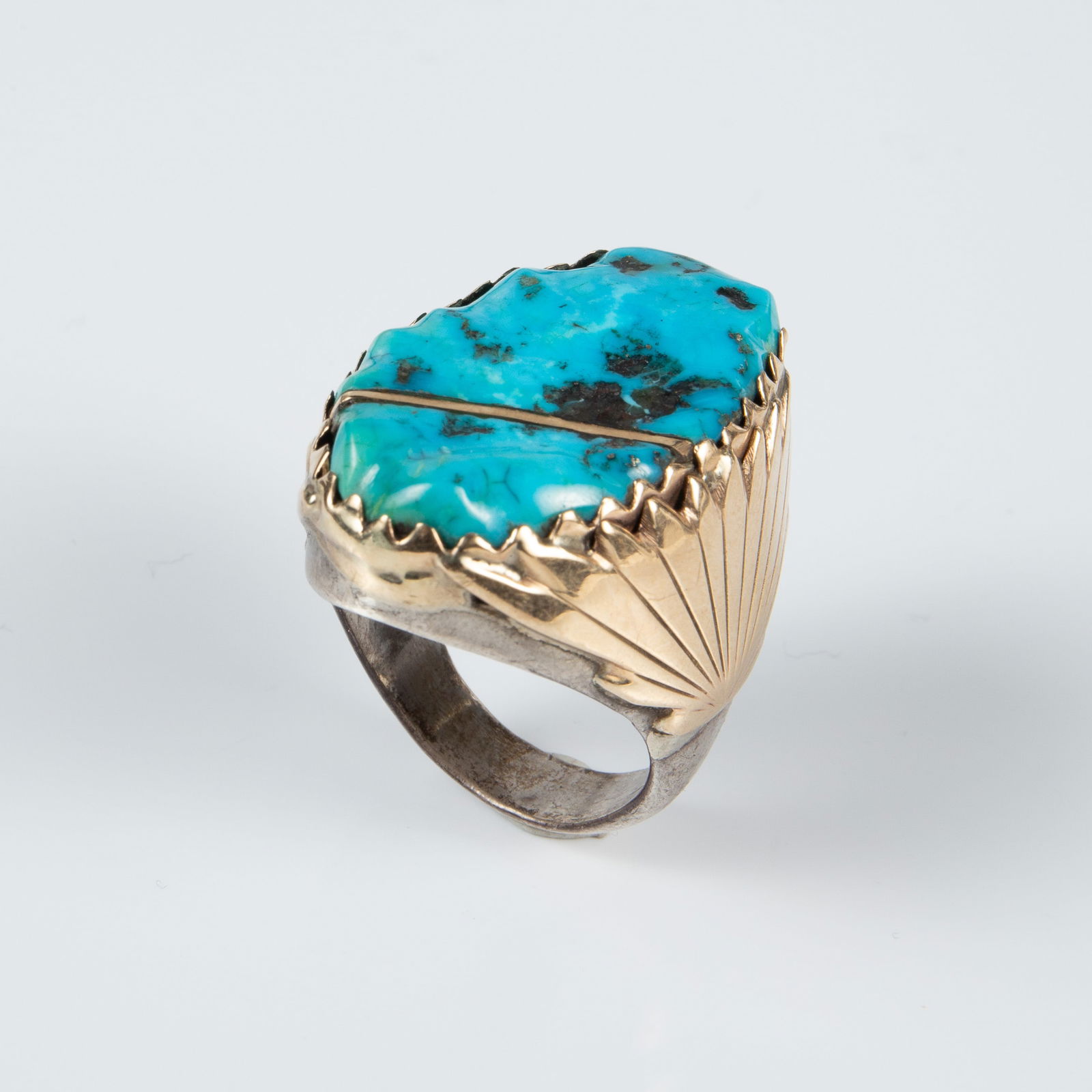 Southwest Zuni 925, 10K & Turquoise Ring, Leekya.: The vintage Native American Zuni made ring is marked RLB on the inside for Robert & Bernice Leekya. The large sterling silver piece features an overlaid 10K-14K gold setting, which holds a large sleep