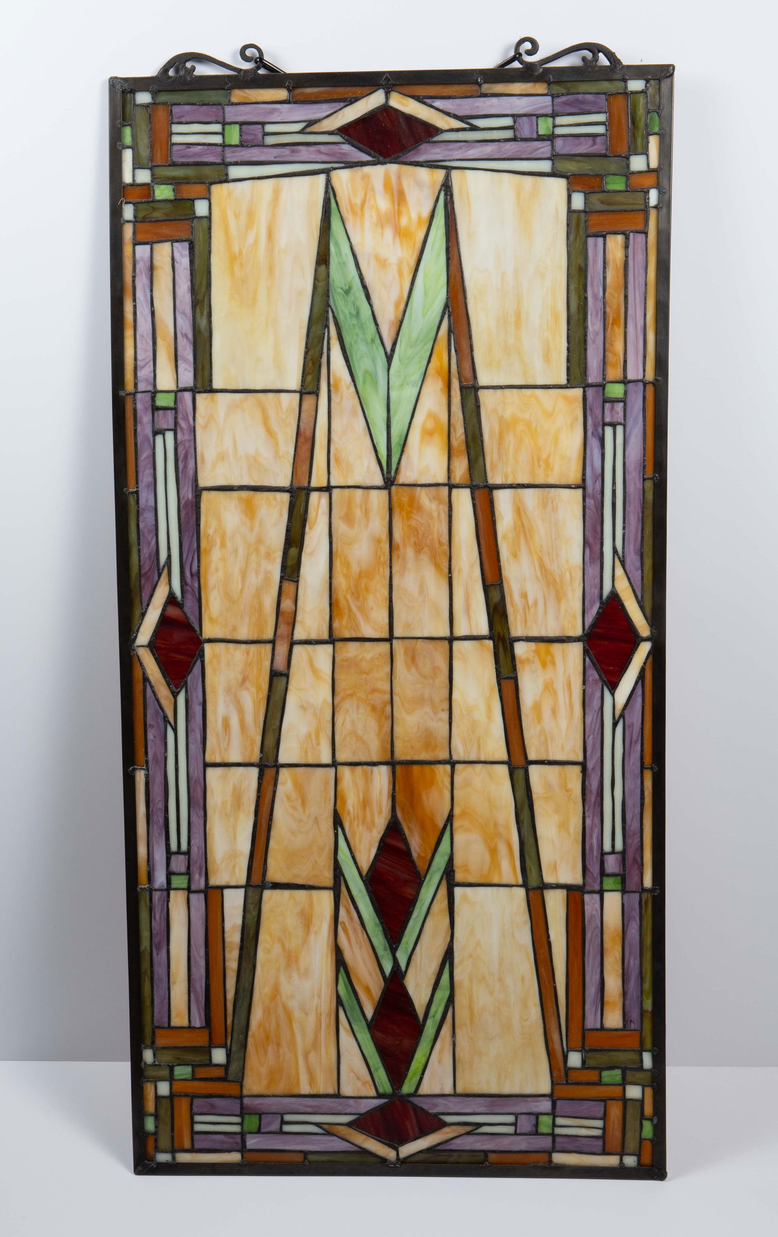 Prairie Style Stained Glass Hanging Window Panel.: This contemporary prairie style or art deco style window looks to be in good cosmetic condition. It measures 19 1/2" x 40 1/2" x 1/4". In-house shipping is available. Please see our website regarding