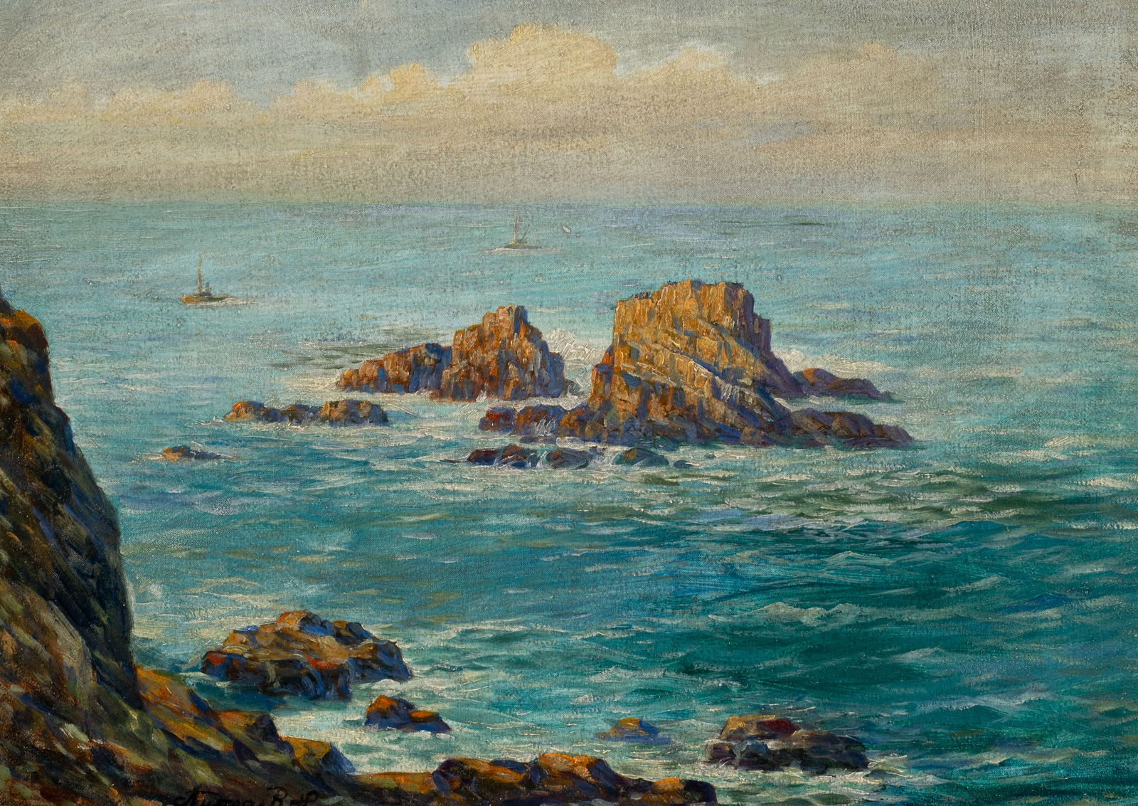 Painting of Rocky Seascape by Andreas Roth.: Artist(s): Andreas Roth (Bavarian, 1871-1949). Medium: Oil painting on canvas board. Signature(s): Signed and dated, lower left. Paperwork/Provenance: N/A Condition: Darkening varnish and / or