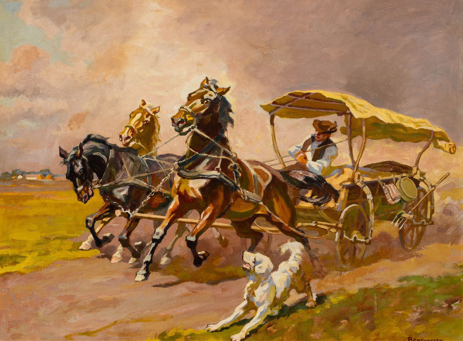 Horse-Drawn Carriage, Istvan Benyovszky.: Artist(s): Istvan Benyovszky (Hungarian, 1898-1969). Medium: Oil painting on canvas board.. Signature(s): Lower right. Paperwork/Provenance: N/A Condition: Craquelure and darkened varnish to the