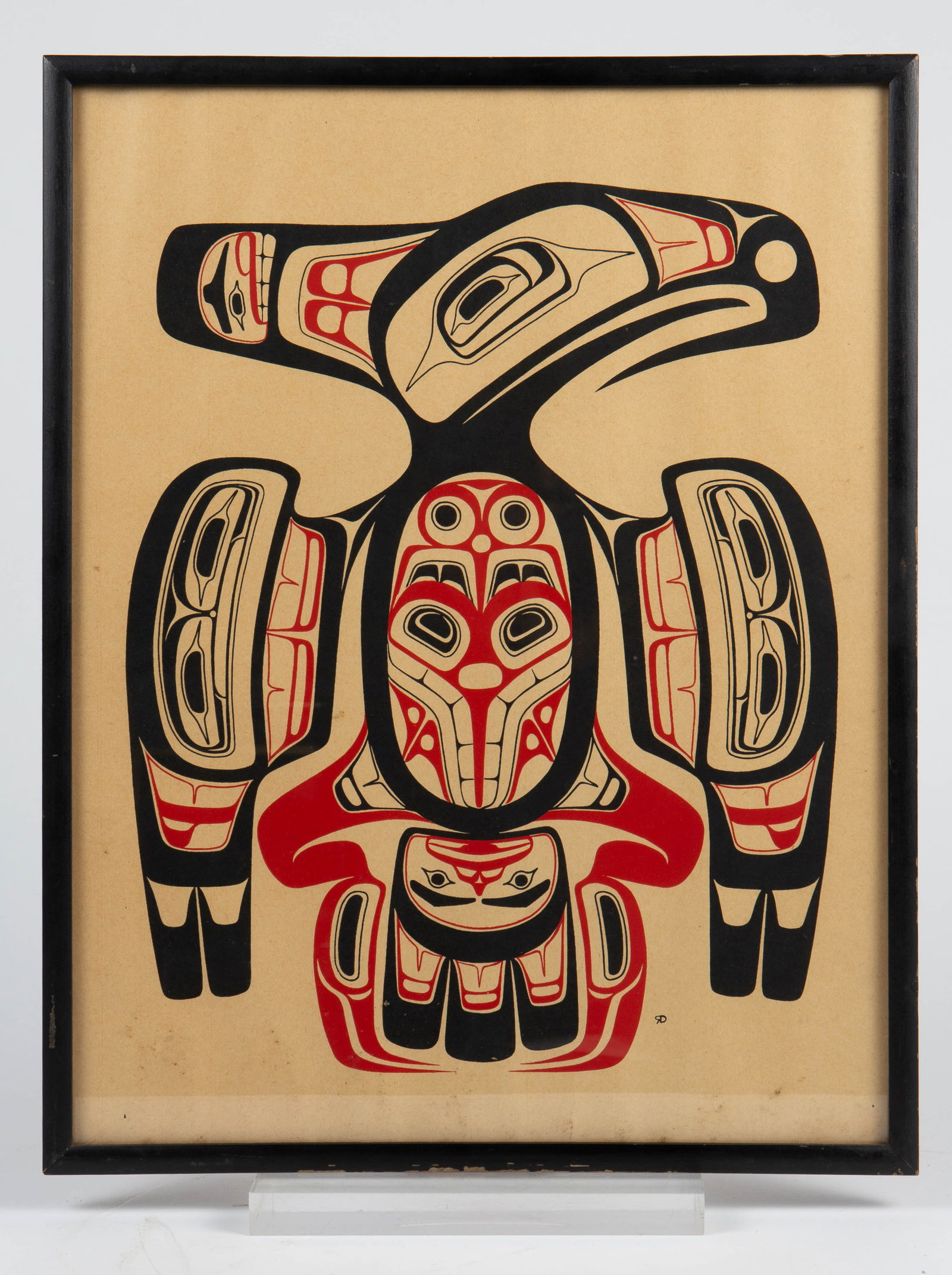 Robert Davidson Thunderbird Silkscreen, 1970.: The silkscreen print by Haida Indian Robert Davidson has a black wood frame. The 1/2" wide frame measures 18 3/4" x 14 5/8". There are some stains on the piece, and some scratches and scuffs on the fr